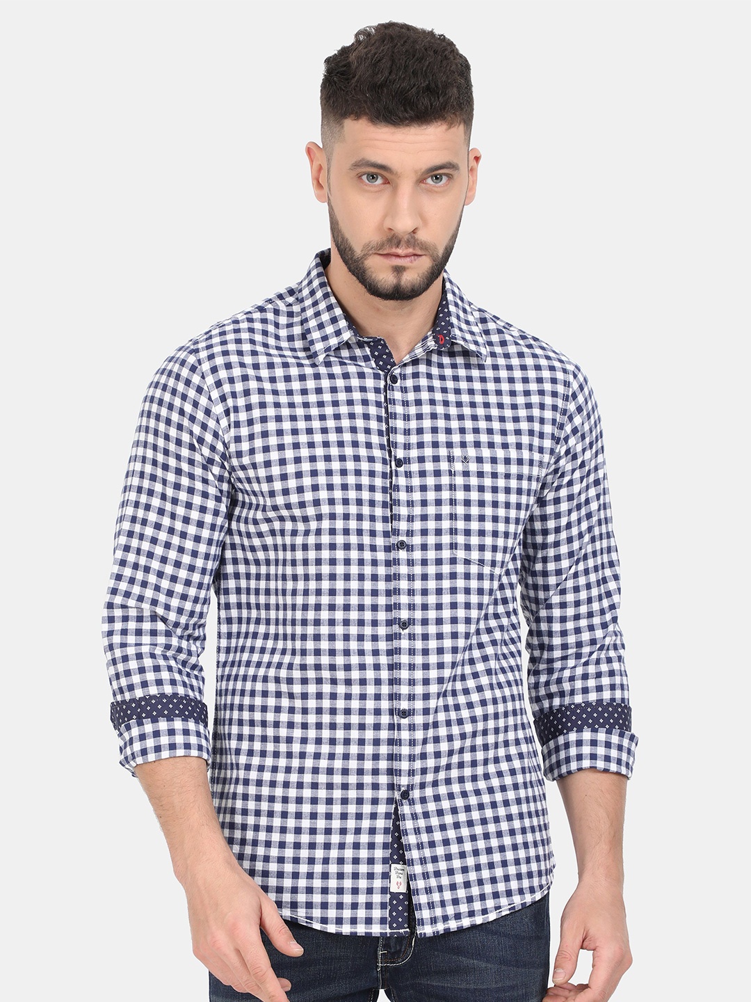 

VUDU Men Comfort Fit Spread Collar Gingham Checked Cotton Casual Shirt, Navy blue