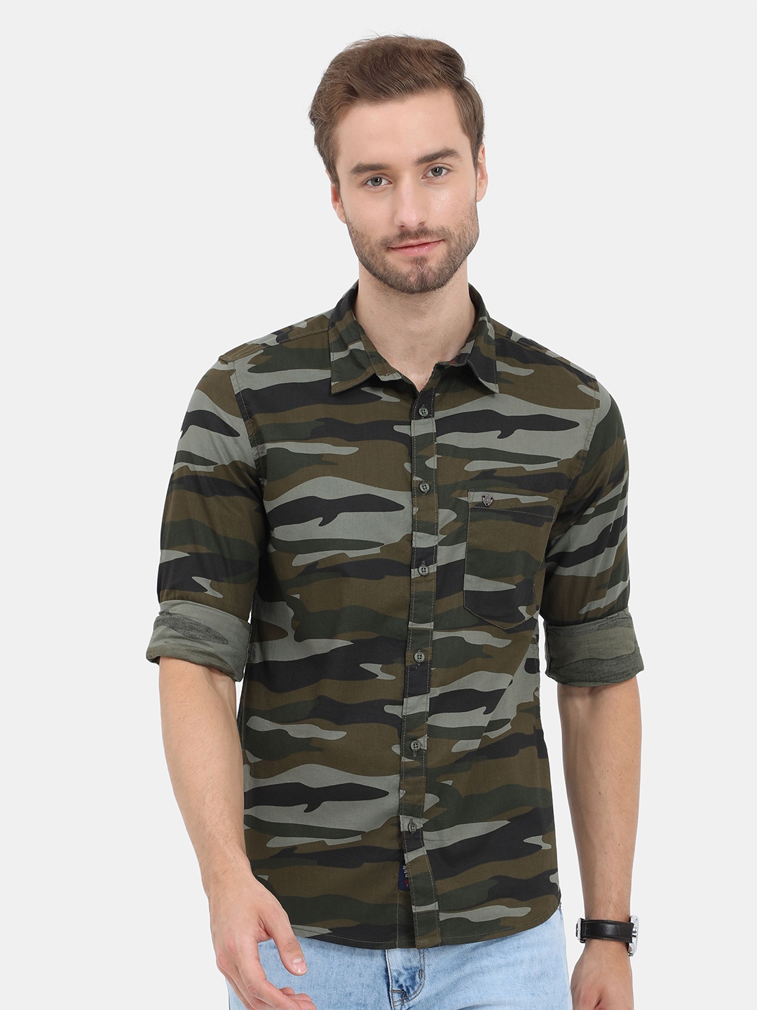 

VUDU Men Comfort Fit Spread Collar Camouflage Printed Cotton Casual Shirt, Grey