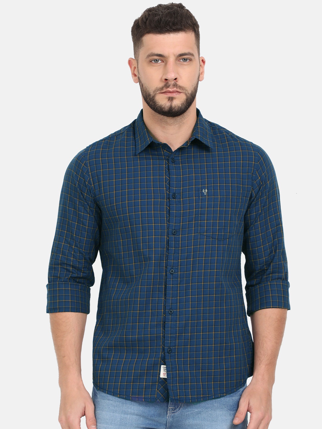 

VUDU Men Comfort Fit Spread Collar Grid Tattersall Checked Cotton Casual Shirt, Navy blue