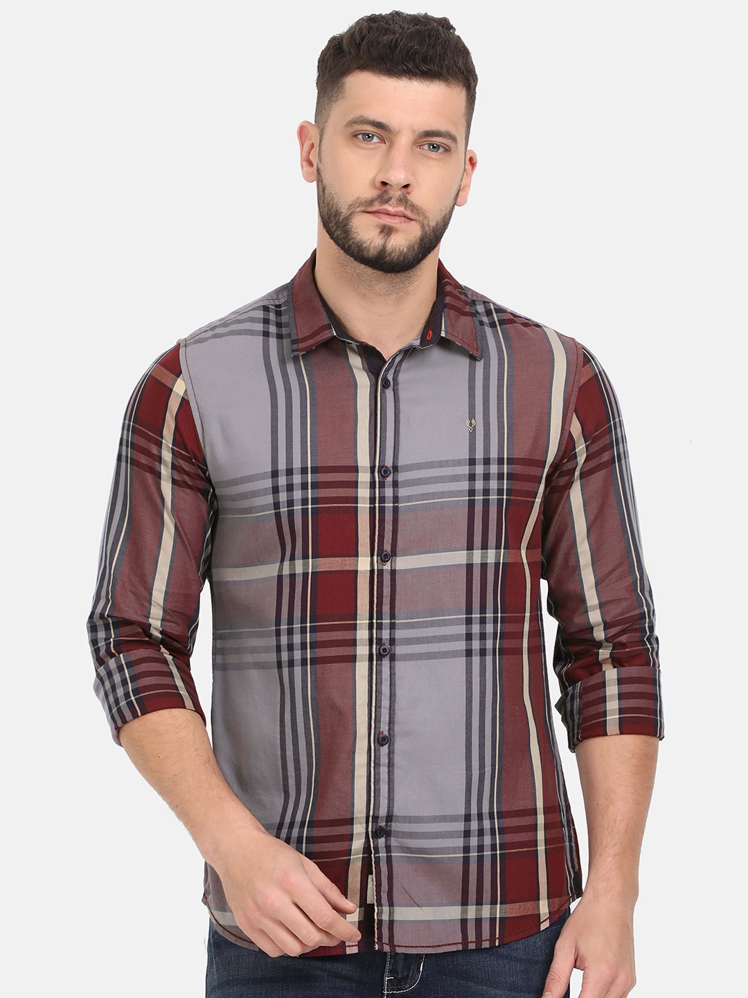 

VUDU Men Comfort Fit Spread Collar Tartan Checked Cotton Casual Shirt, Grey
