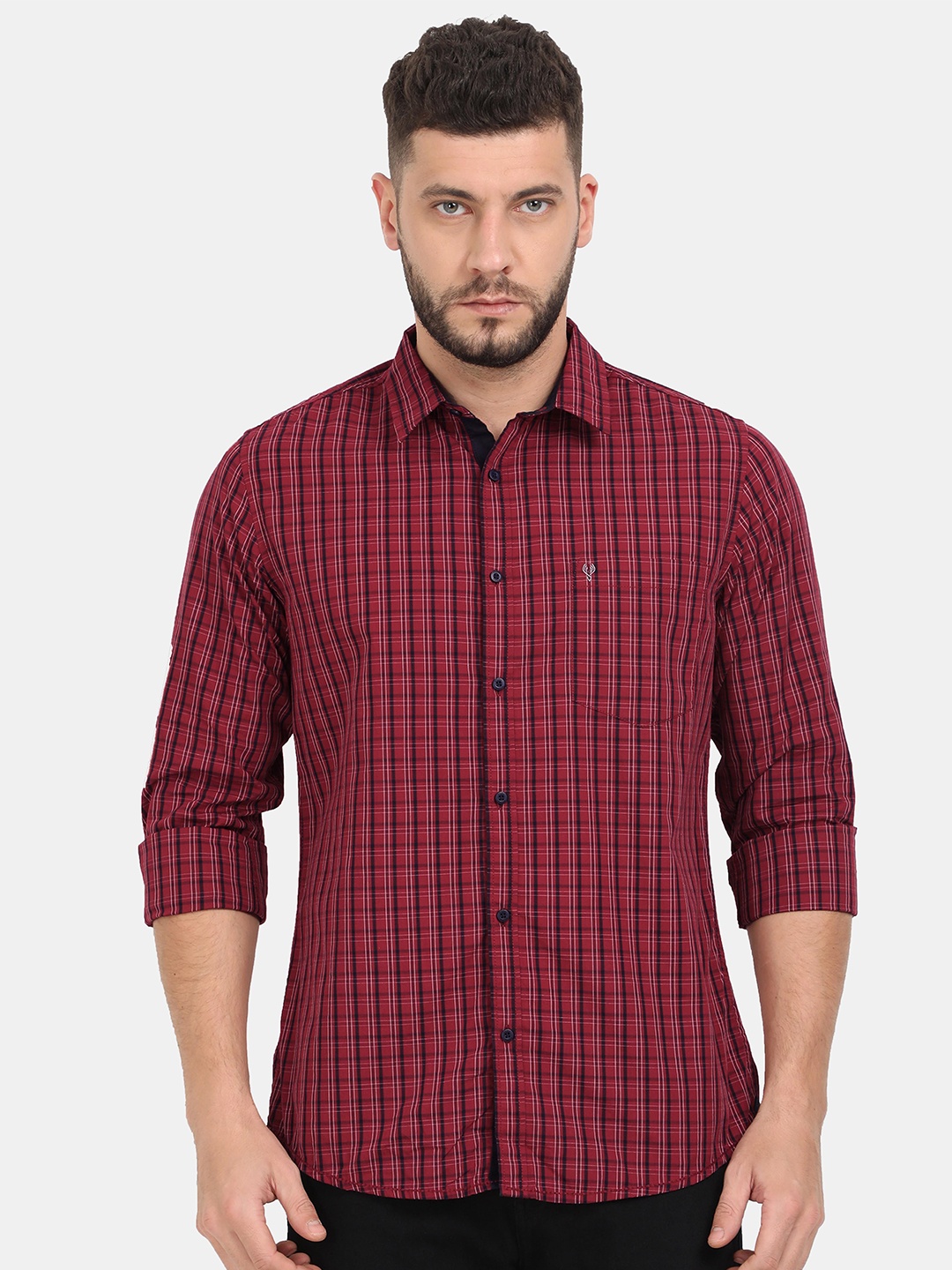 

VUDU Men Comfort Fit Spread Collar Tartan Checked Cotton Casual Shirt, Red