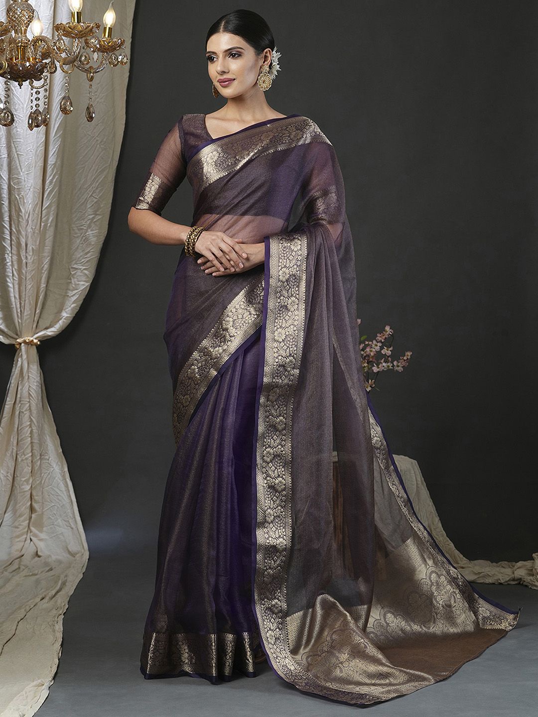 

KALINI Zari Organza Banarasi Saree, Purple