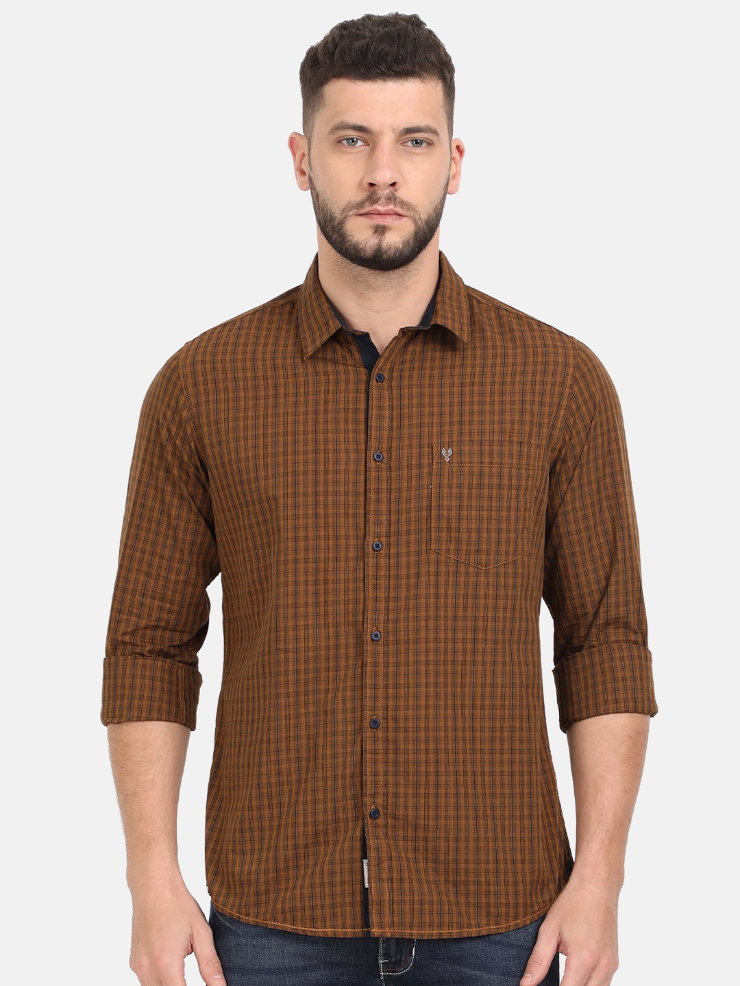 

VUDU Men Comfort Fit Spread Collar Tartan Checked Cotton Casual Shirt, Brown