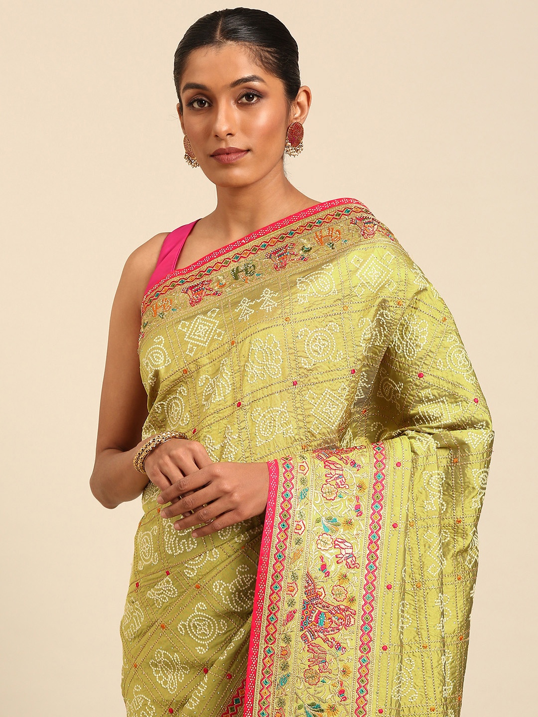 

MOHEY Ethnic Motifs Embroidered Beads and Stones Saree, Yellow