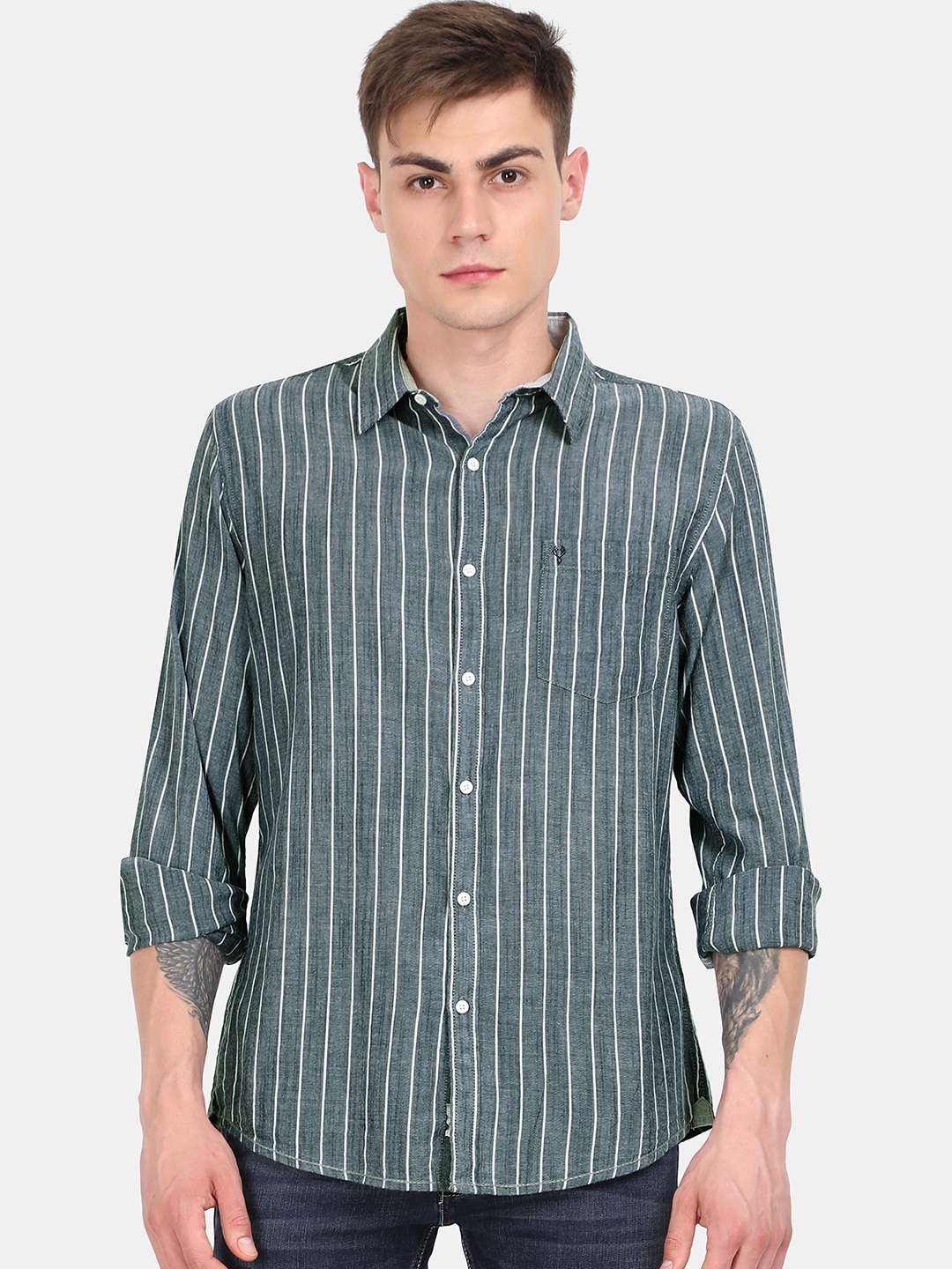 

VUDU Men Comfort Fit Spread Collar Vertical Striped Cotton Casual Shirt, Grey