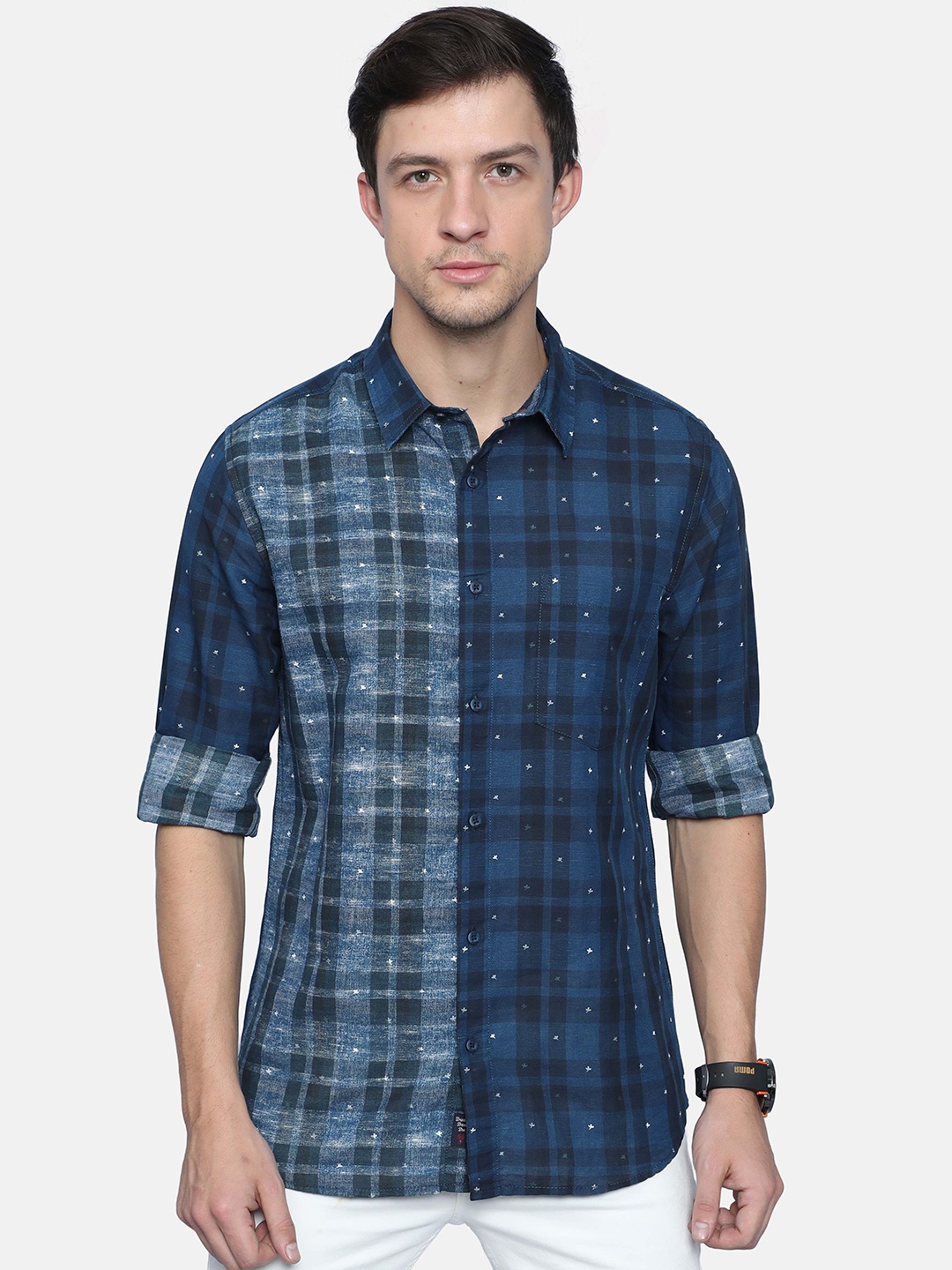 

VUDU Men Comfort Fit Spread Collar Tartan Checked Cotton Casual Shirt, Navy blue