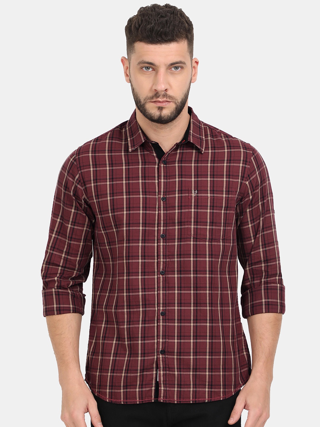 

VUDU Men Comfort Fit Spread Collar Tartan Checked Cotton Casual Shirt, Magenta