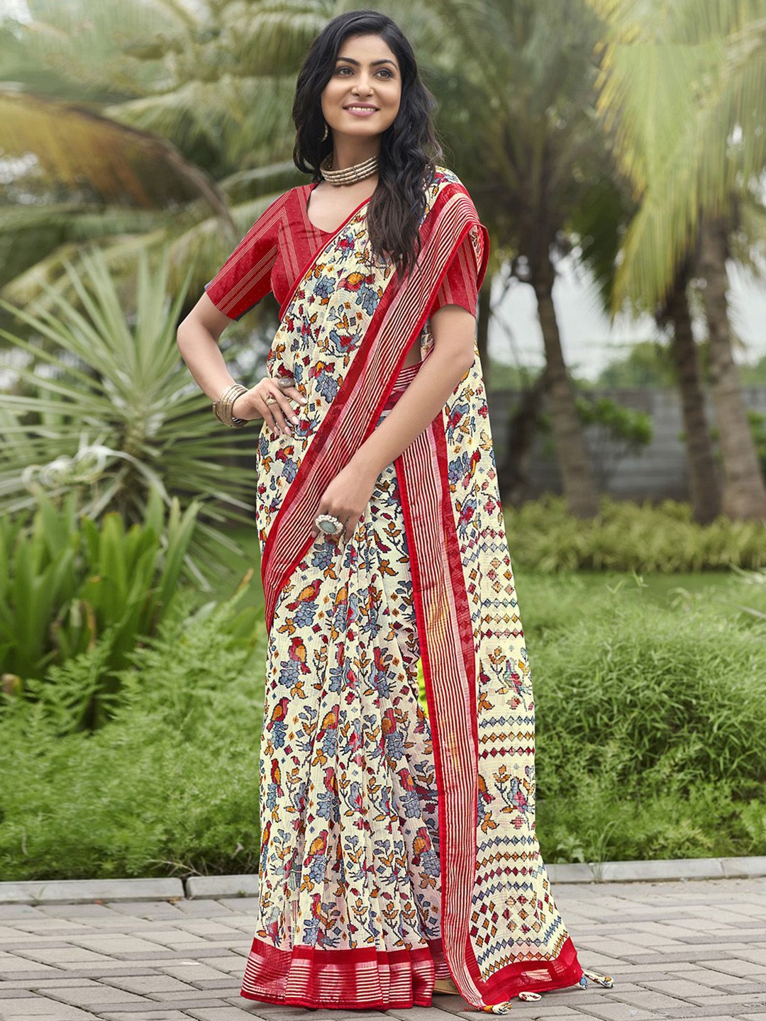 

KALINI Kalamkari Phulkari Printed Bagru Saree, Cream