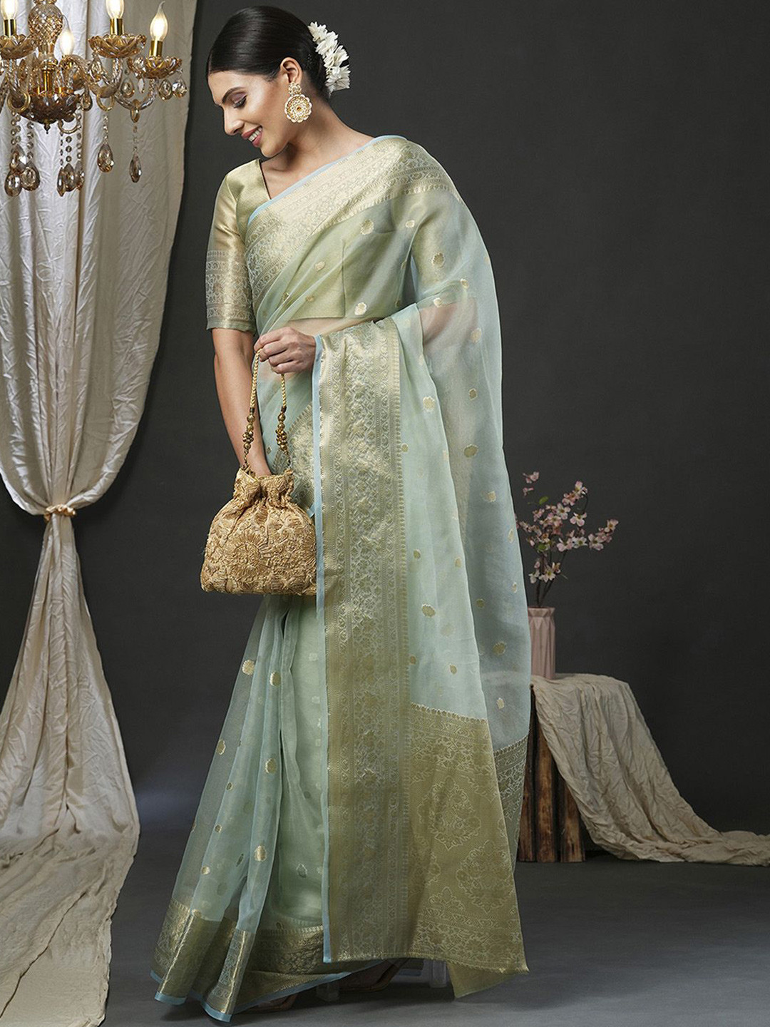 

KALINI Woven Design Zari Organza Banarasi Saree, Sea green