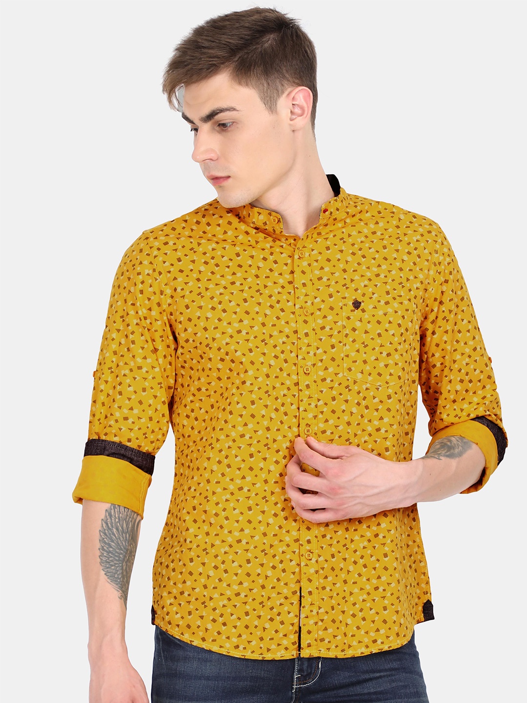 

VUDU Men Comfort Fit Band Collar Geometric Printed Cotton Casual Shirt, Yellow