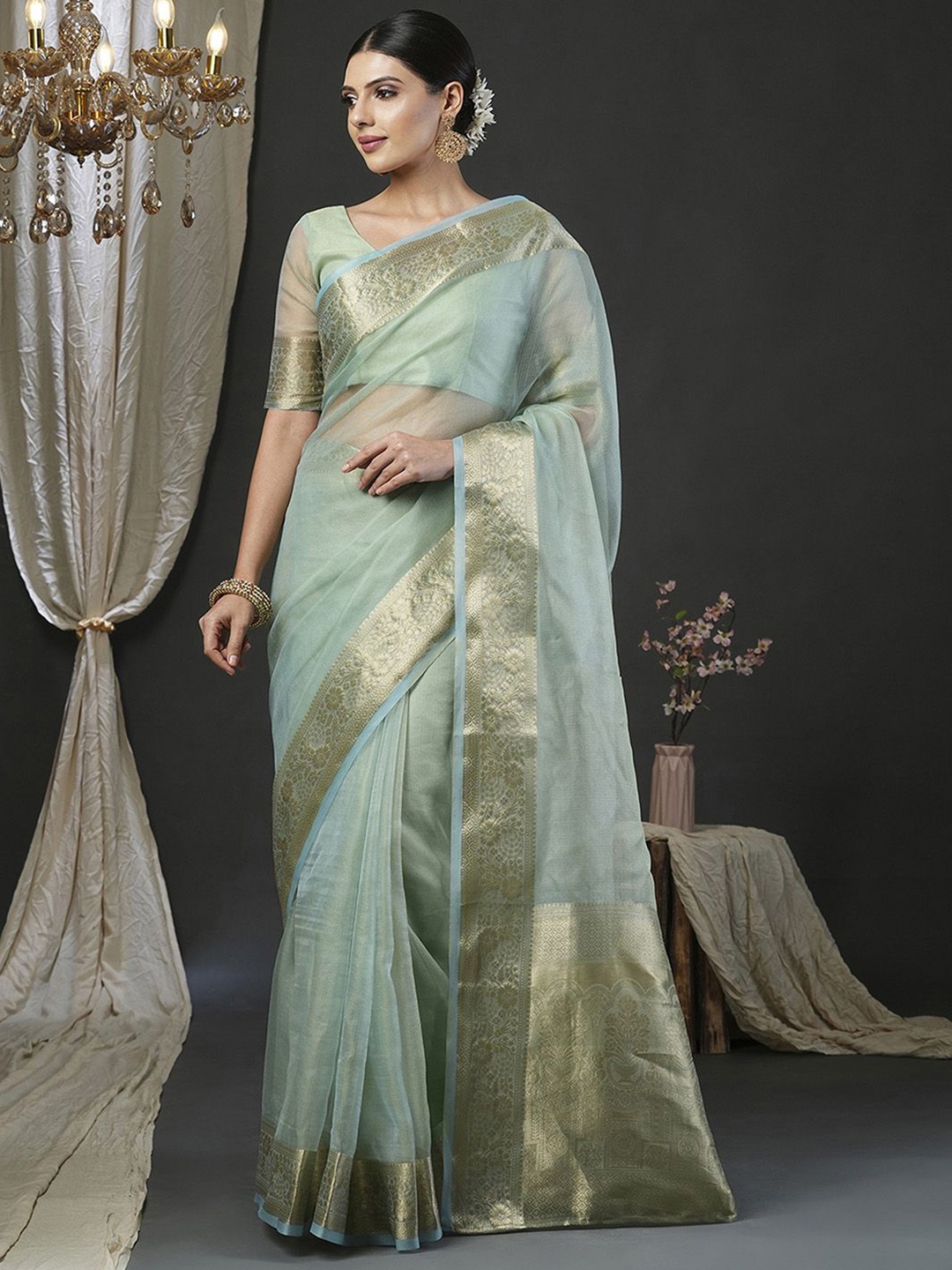 

KALINI Zari Woven Design Organza Banarasi Saree, Sea green
