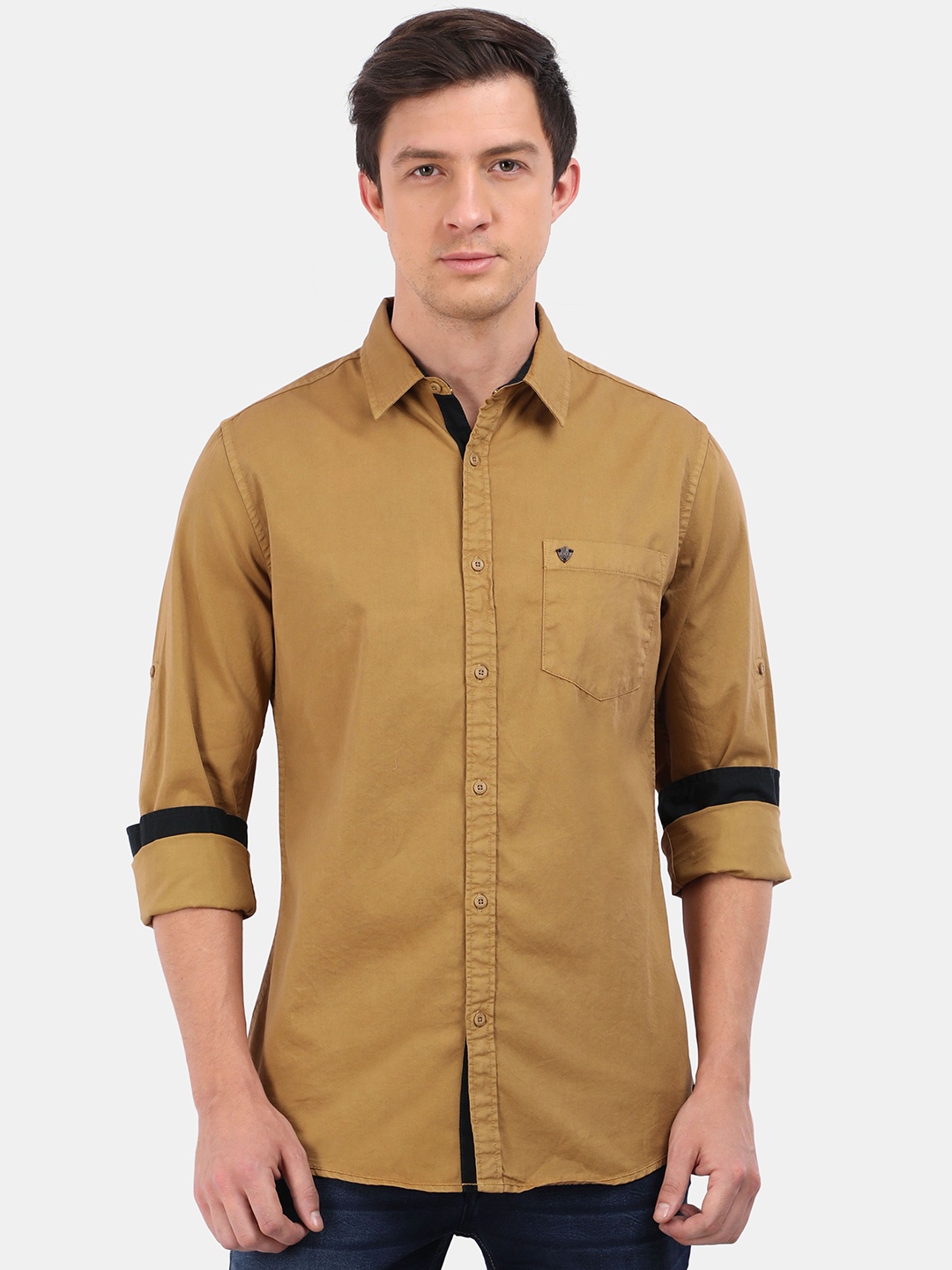 

VUDU Men Comfort Fit Spread Collar Solid Cotton Casual Shirt, Khaki