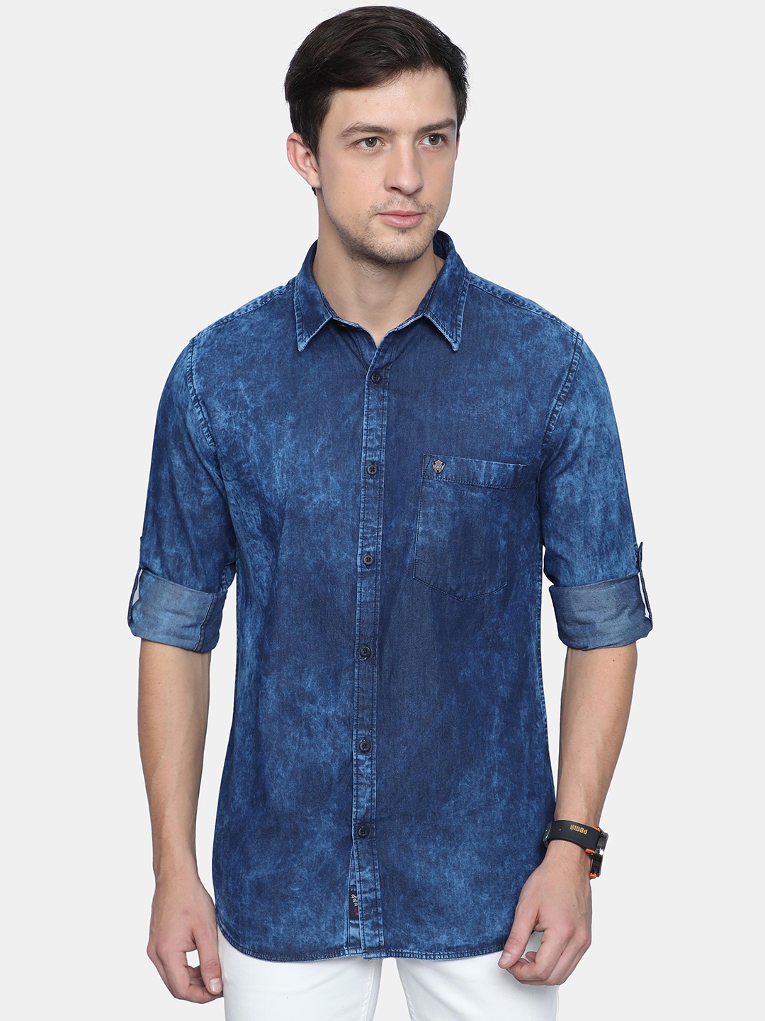 

VUDU Men Comfort Fit Spread Collar Faded Solid Cotton Casual Shirt, Navy blue
