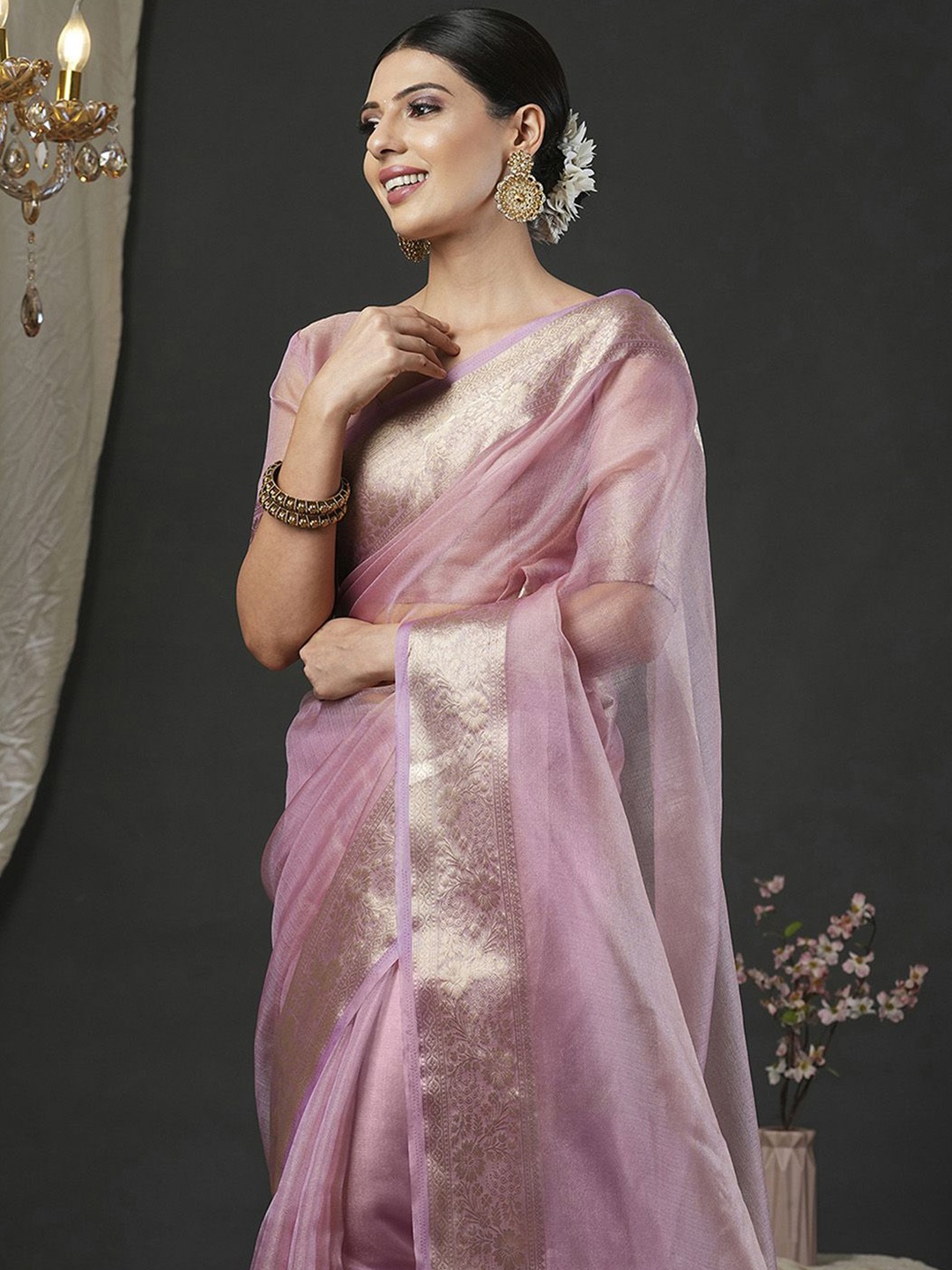 

KALINI Woven Design Zari Organza Banarasi Saree, Mauve