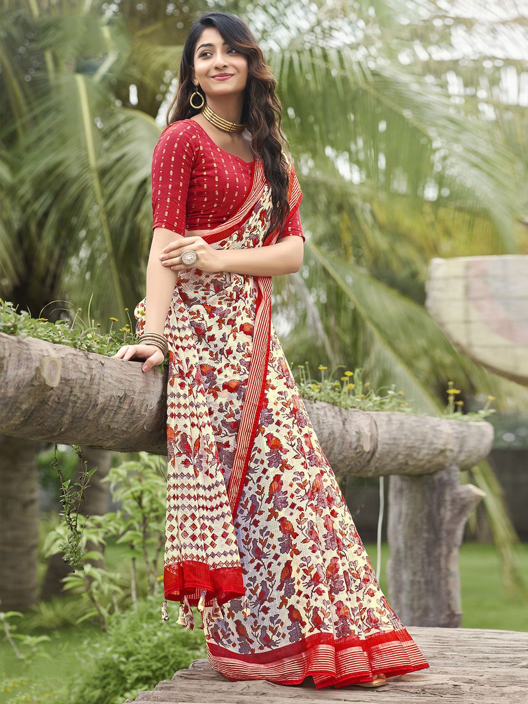 

KALINI Kalamkari Phulkari Printed Bagru Saree, Cream