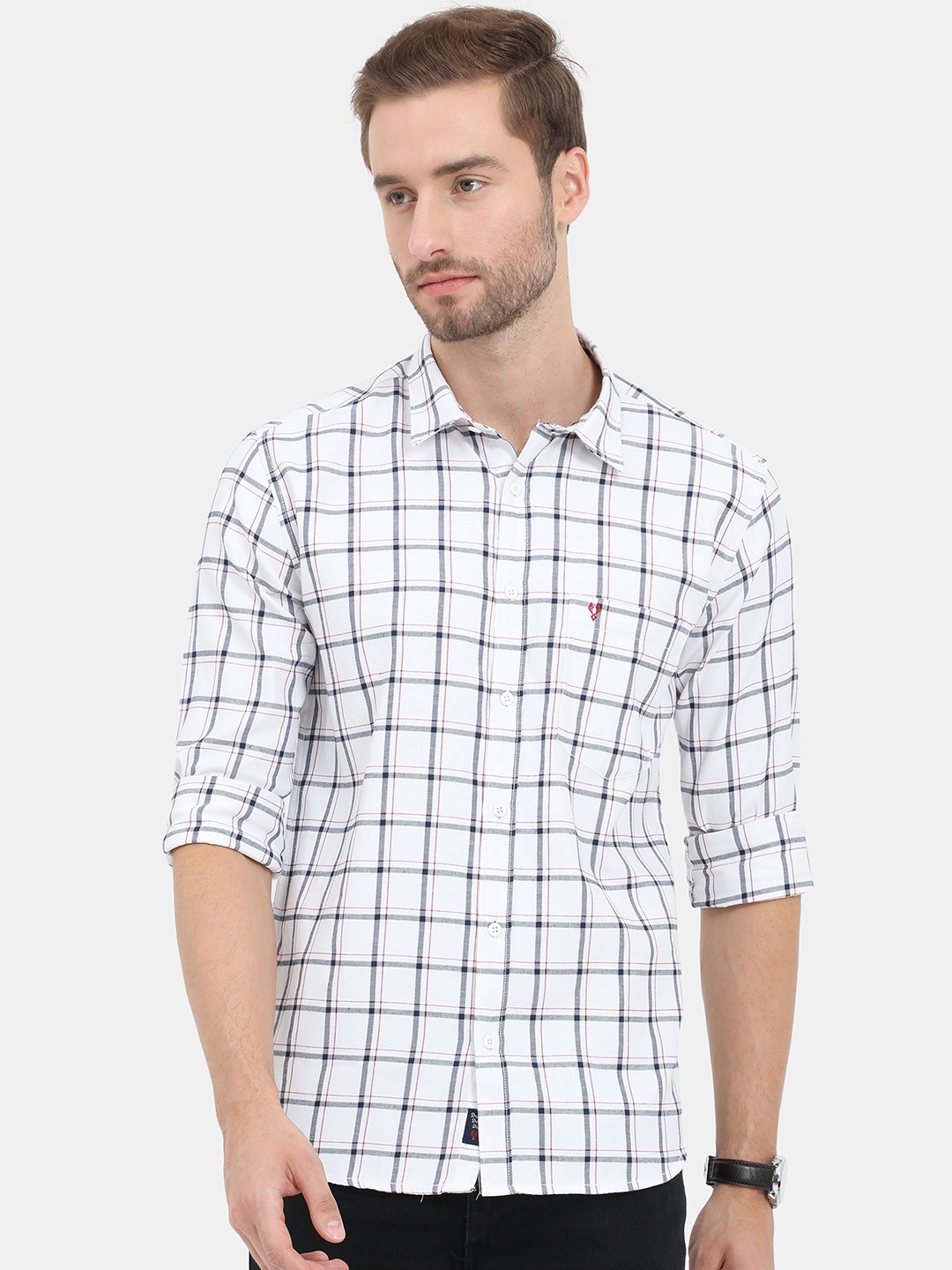

VUDU Men Comfort Fit Spread Collar Windowpane Checked Cotton Casual Shirt, White