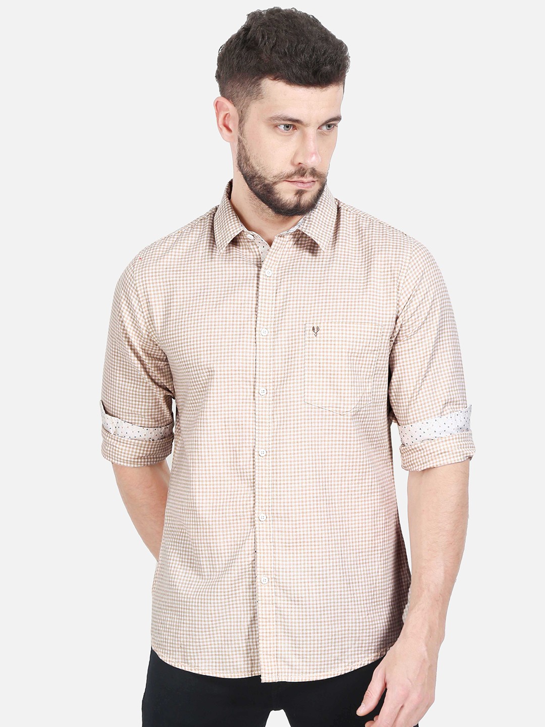 

VUDU Men Comfort Fit Spread Collar Micro Checked Cotton Casual Shirt, Beige