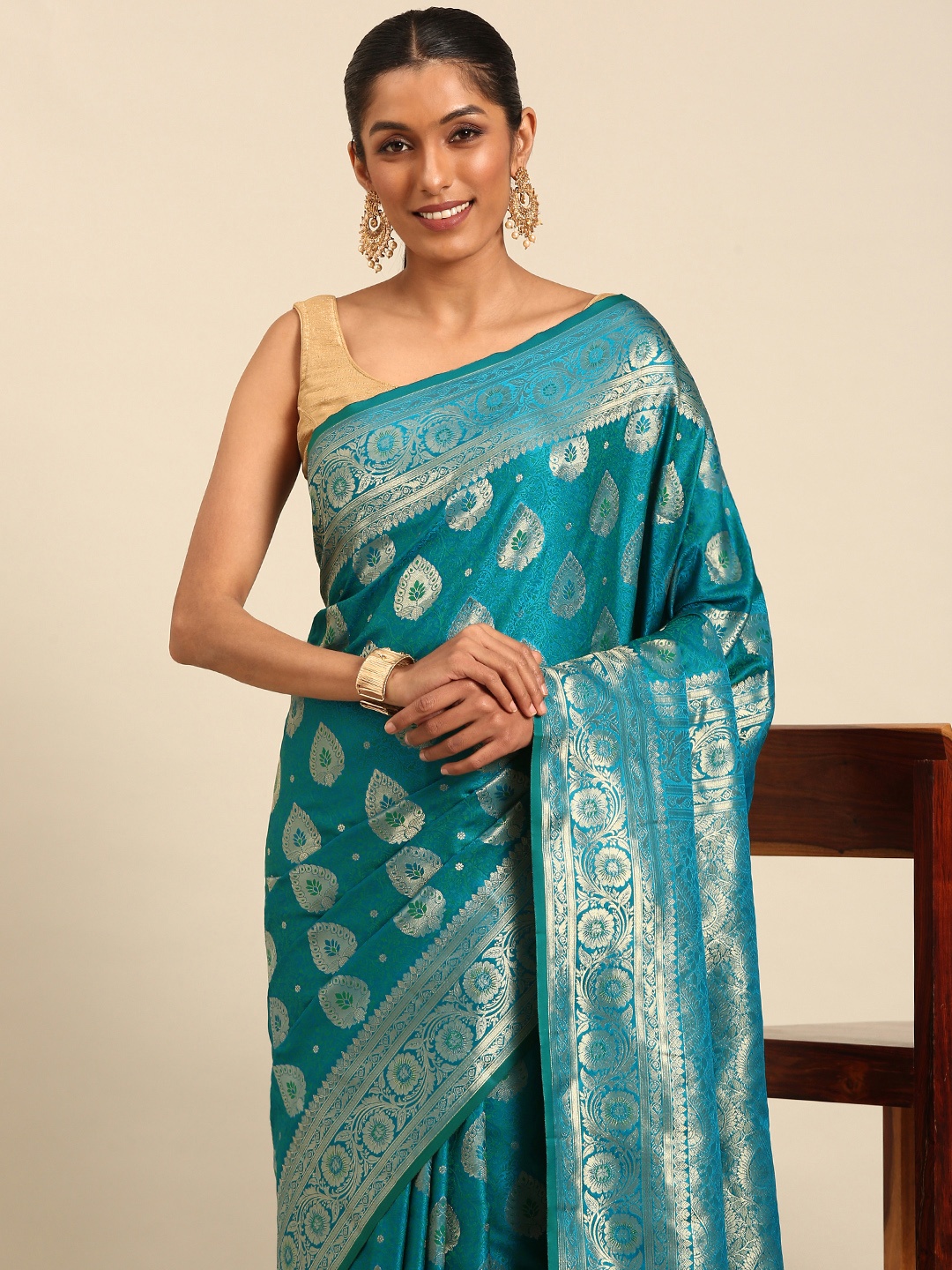 

MOHEY Woven Design Zari Art Silk Saree, Teal