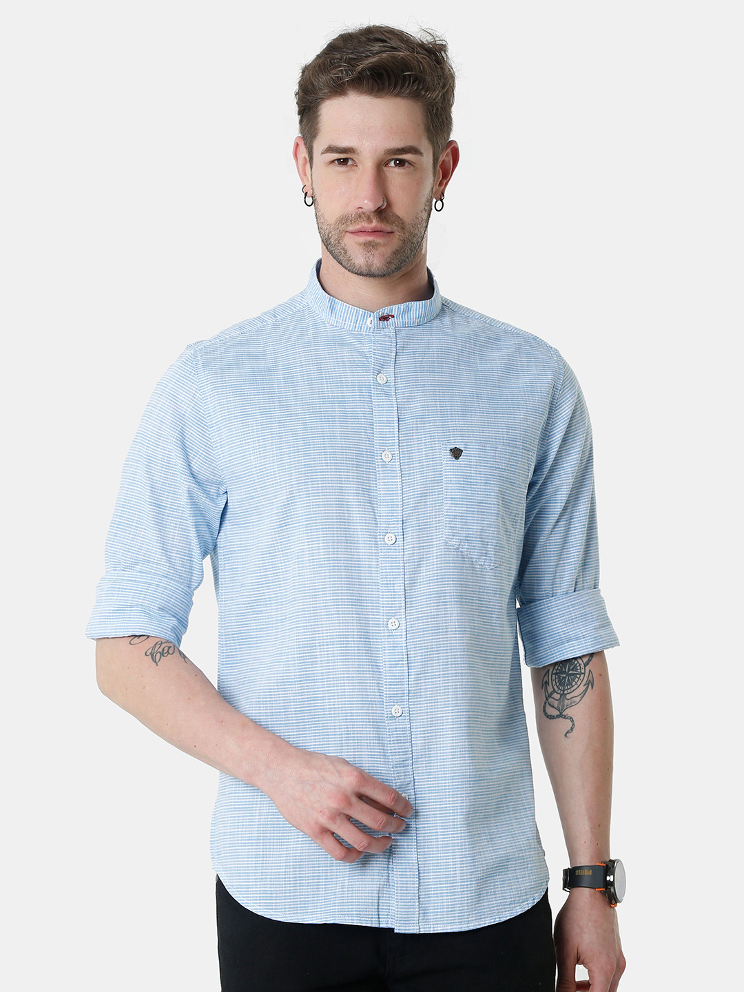 

VUDU Men Comfort Fit Band Collar Horizontal Striped Cotton Casual Shirt, Blue