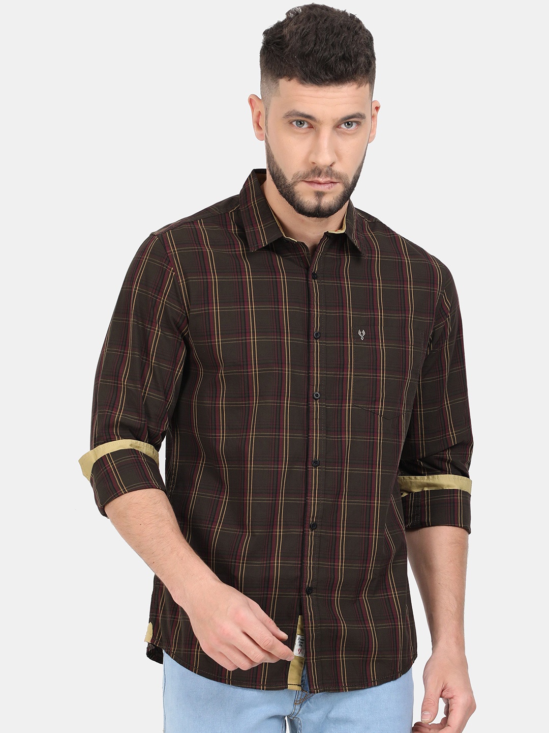 

VUDU Men Comfort Fit Spread Collar Tartan Checked Cotton Casual Shirt, Brown