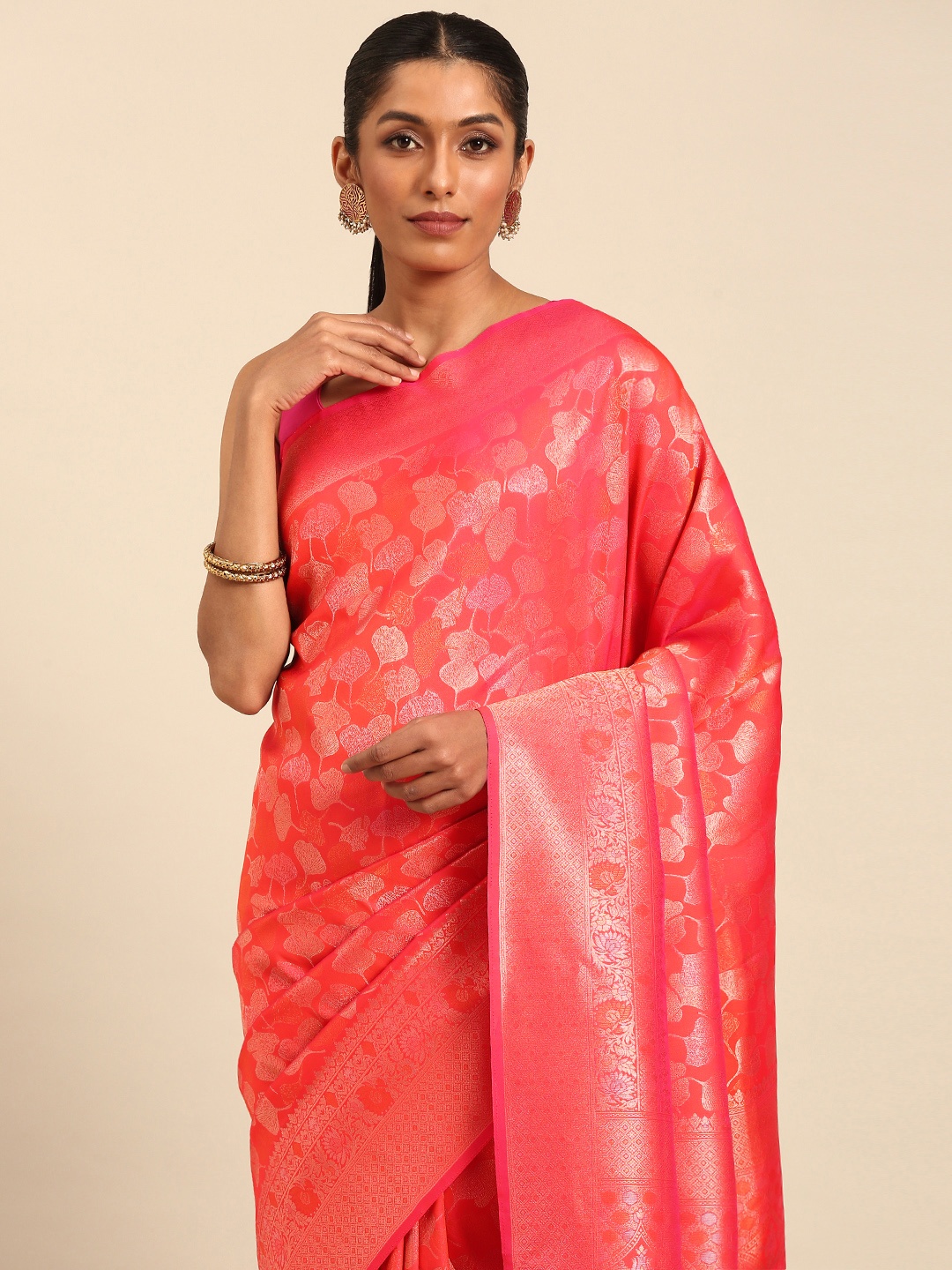 

MOHEY Floral Woven Design Saree, Pink