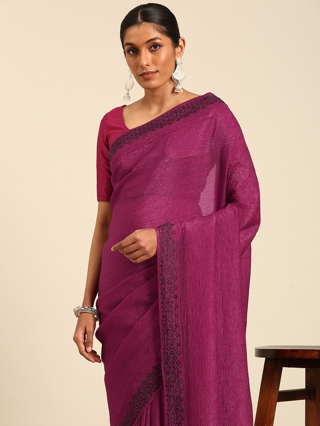 MOHEY Woven Design Mirror Work Pure Chiffon Saree, Maroon