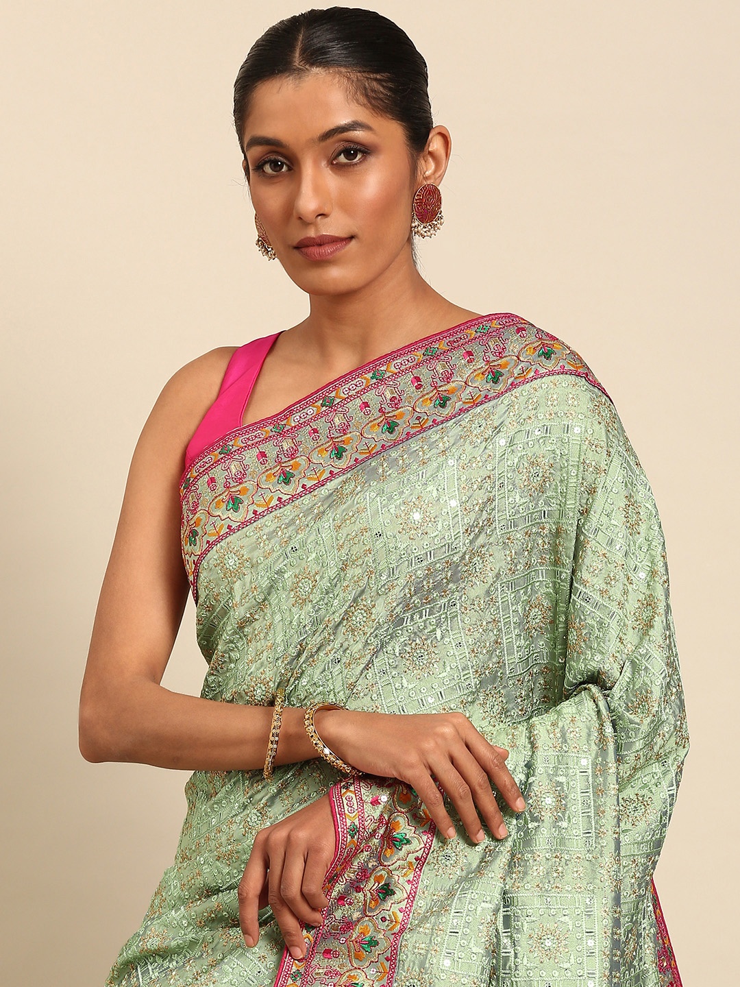 

MOHEY Ethnic Motifs Embroidered Sequinned Detailed Saree, Sea green