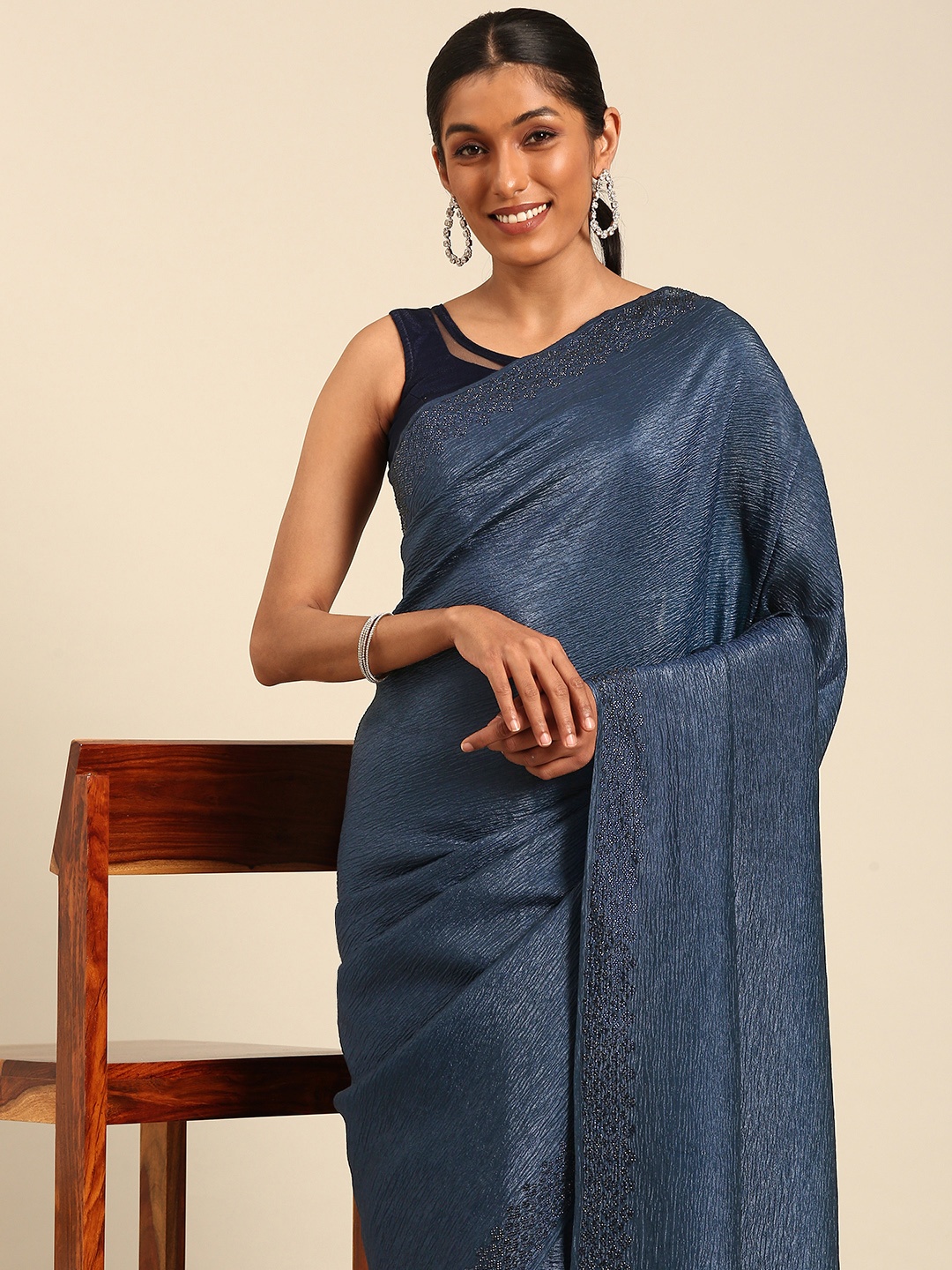 

MOHEY Woven Design Mirror Work Pure Chiffon Saree, Blue