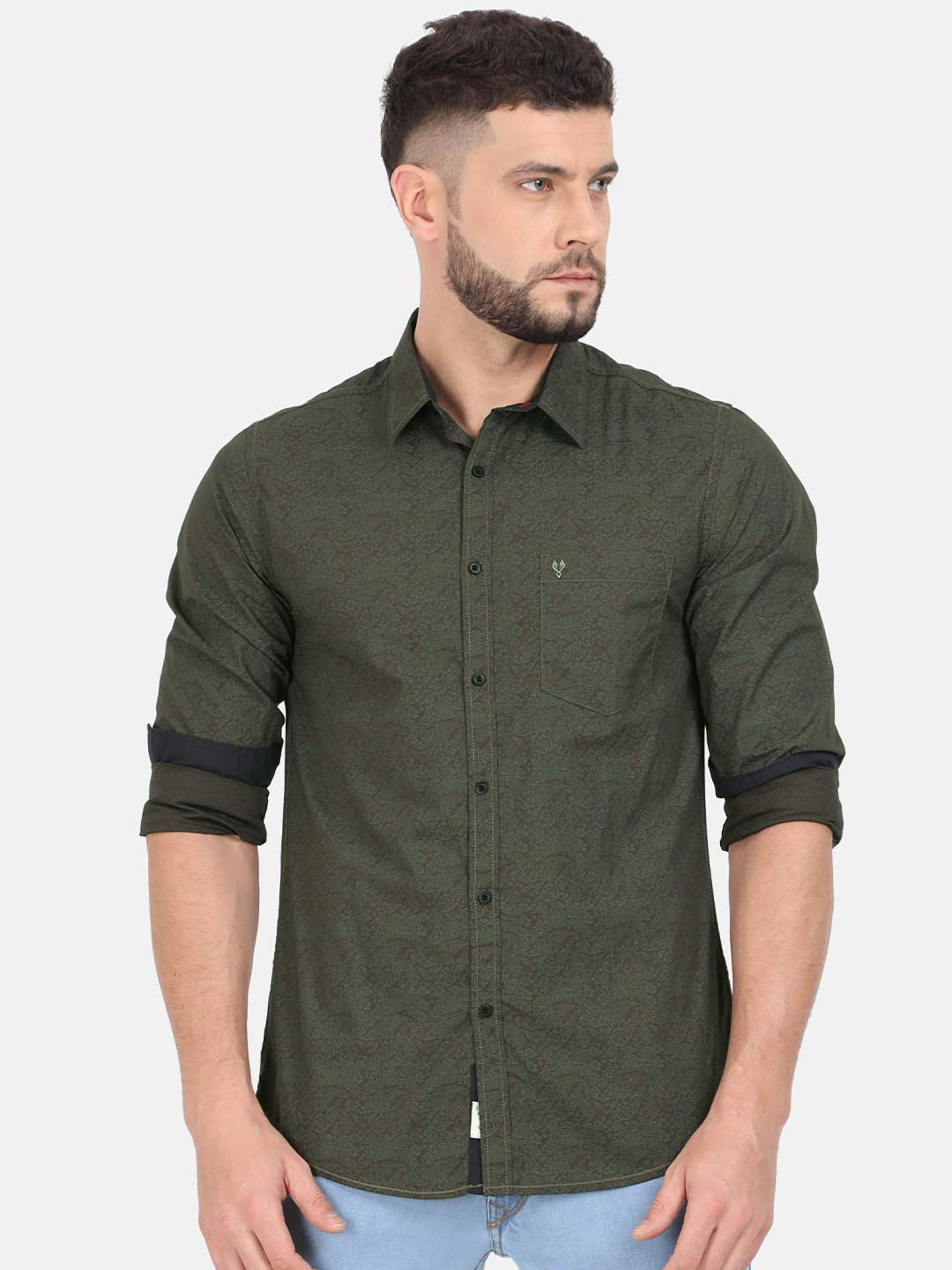 

VUDU Men Comfort Spread Collar Ethnic Motifs Printed Cotton Casual Shirt, Olive