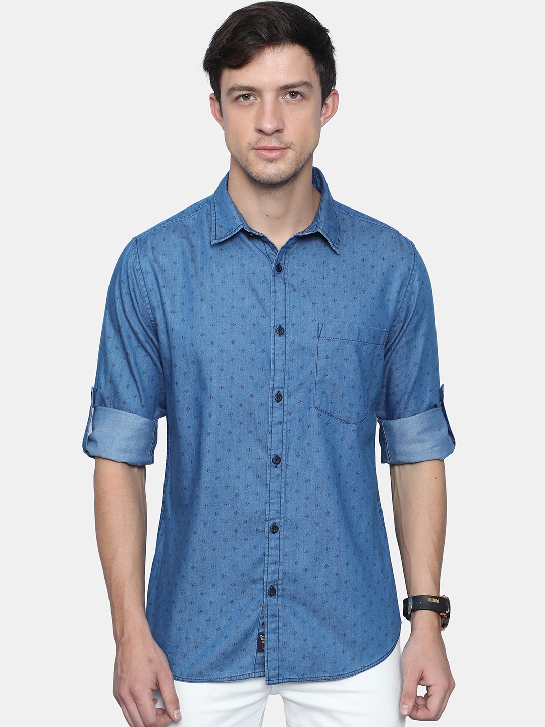

VUDU Men Comfort Fit Spread Collar Abstract Printed Cotton Casual Shirt, Blue