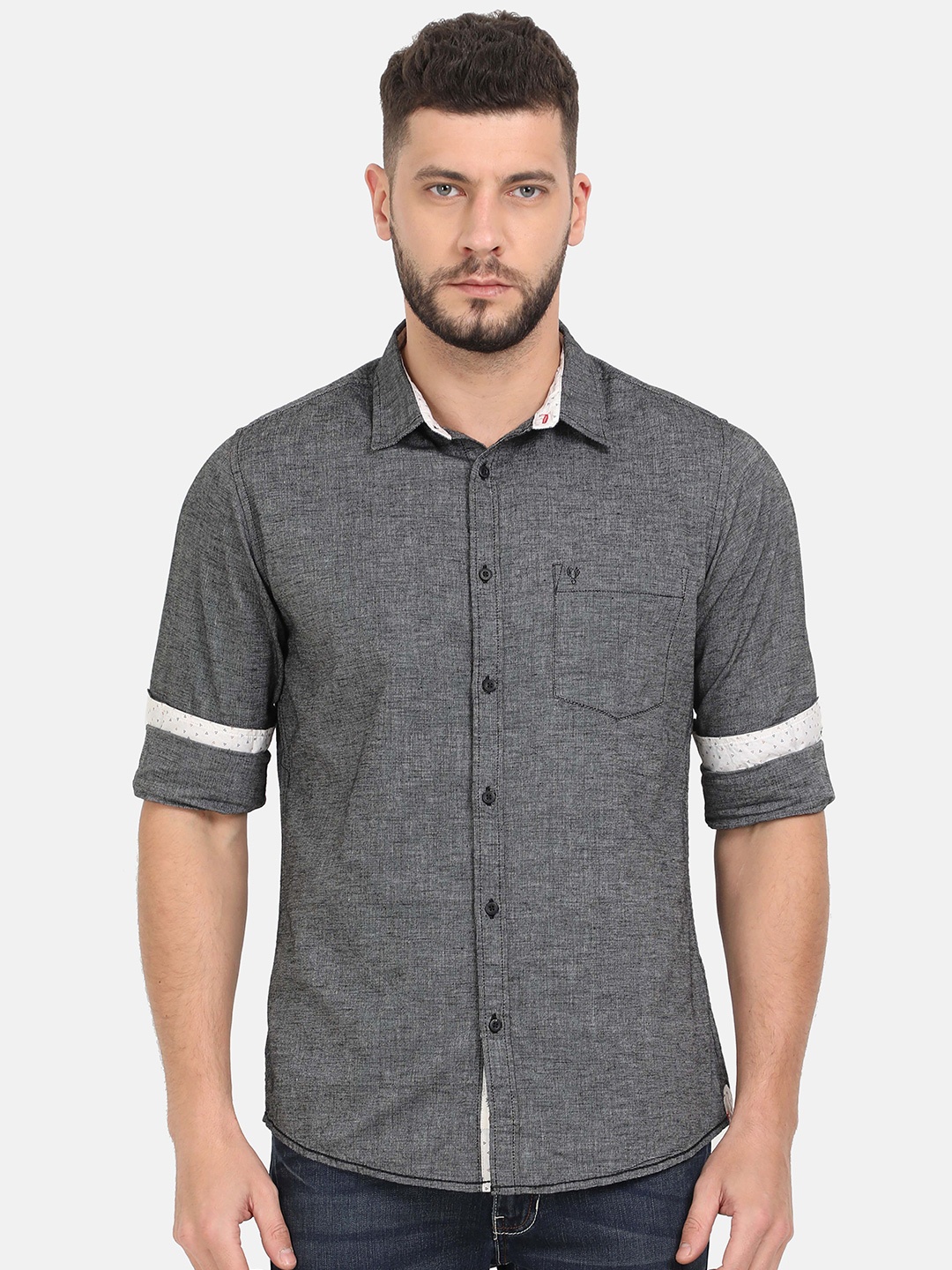 

VUDU Men Comfort Fit Spread Collar Textured Cotton Casual Shirt, Grey