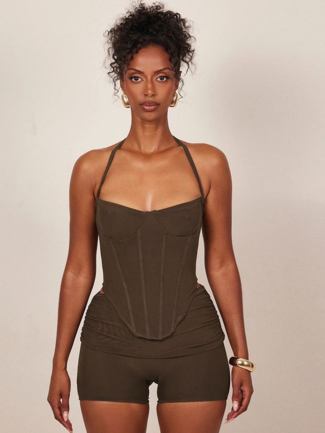 

LULU & SKY Halter Neck Corset Top With Shorts, Brown