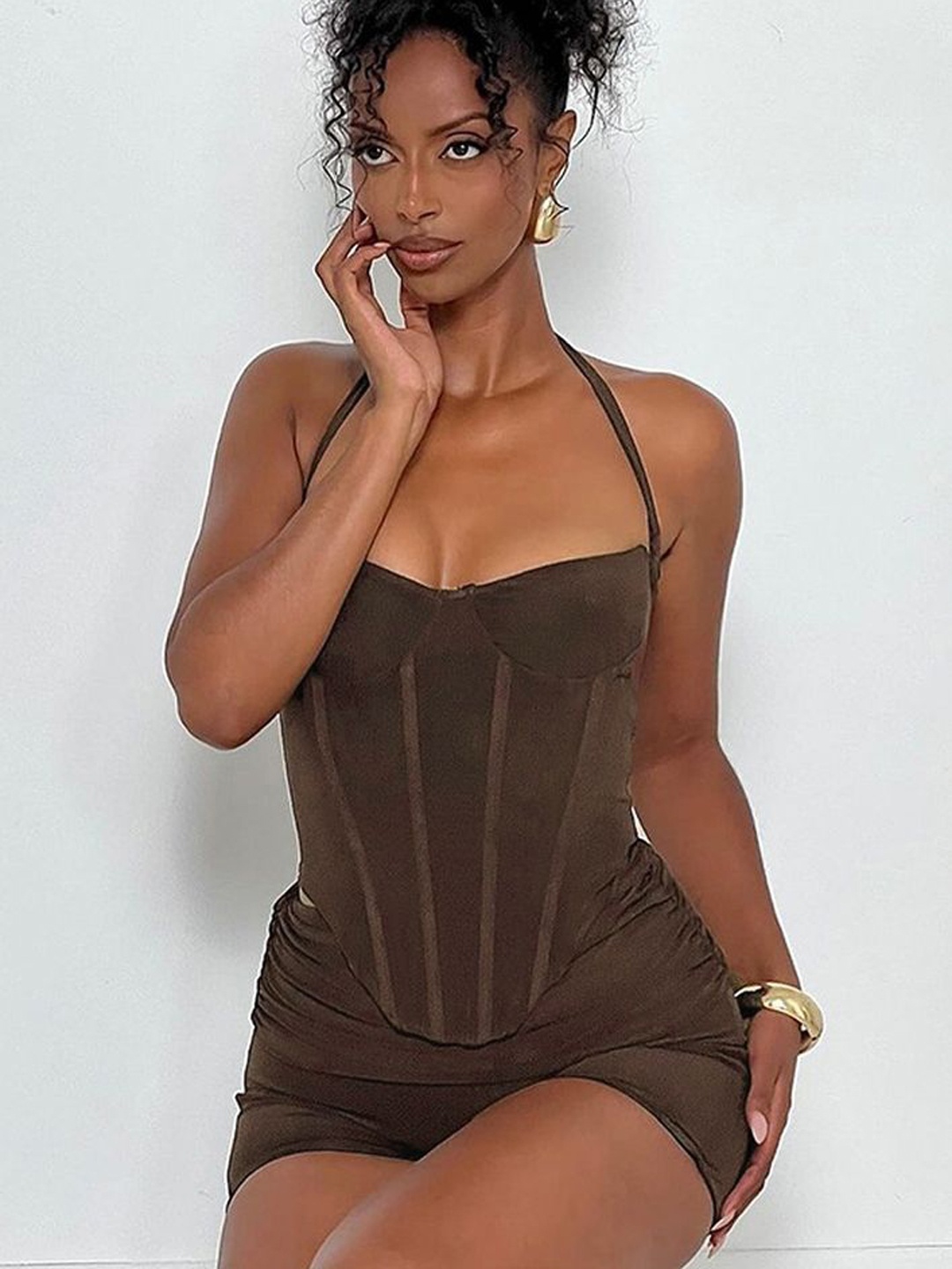 

LULU & SKY Halter Neck Corset Top With Shorts, Brown