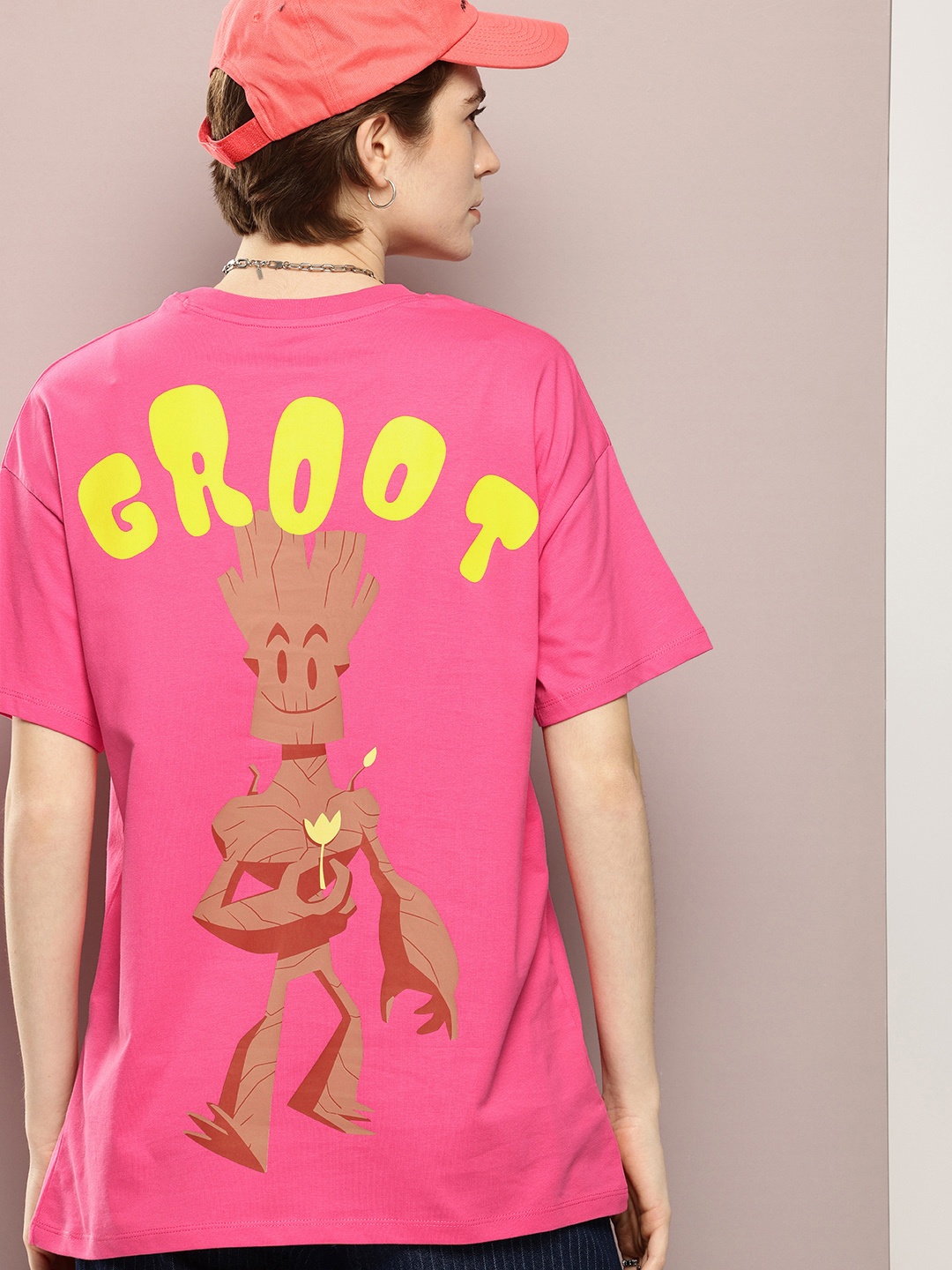 

Kook N Keech Groot Printed Drop-Shoulder Sleeves Oversized Pure Cotton T-shirt, Pink