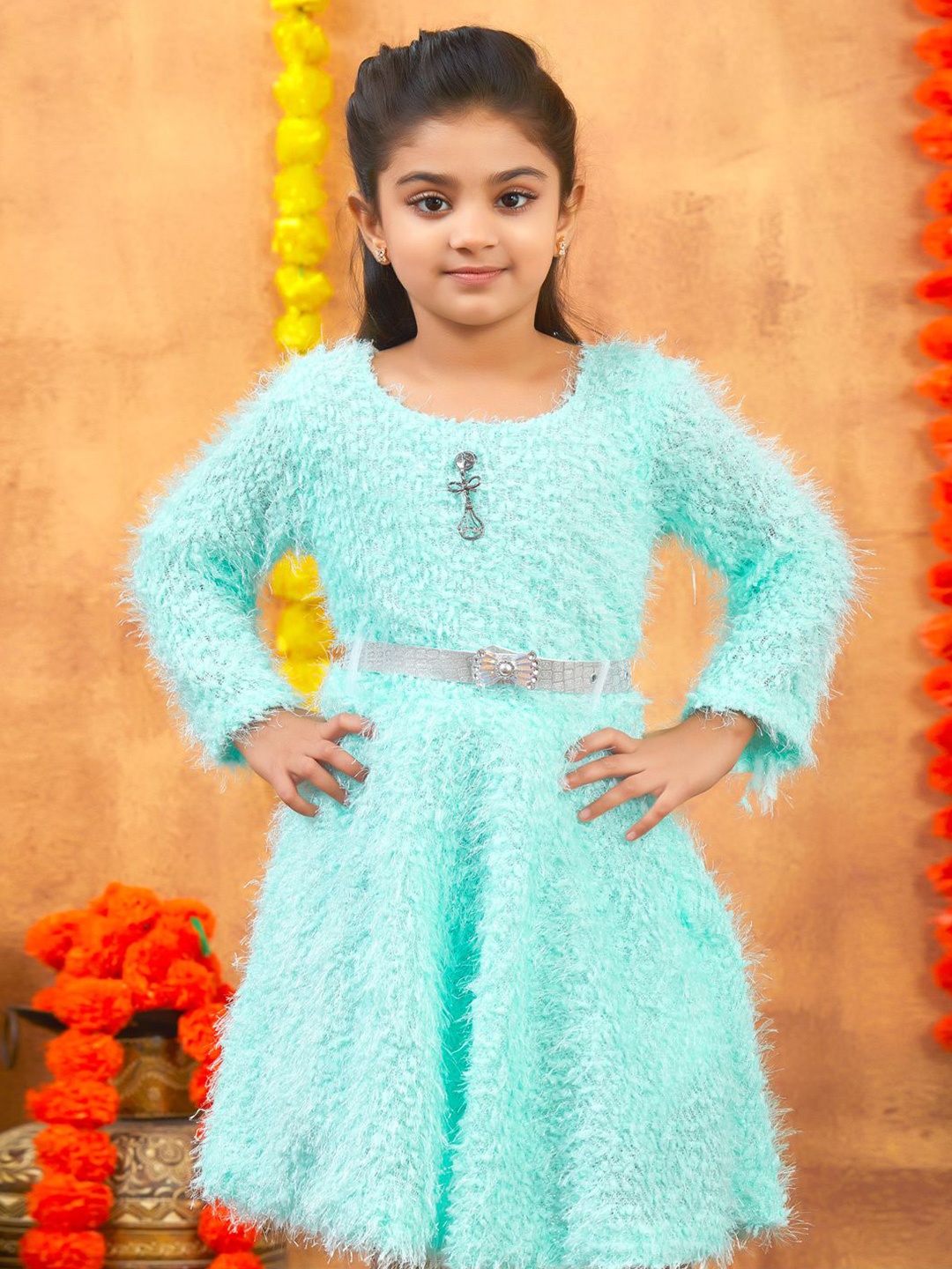 

BAESD Girls Woollen Fit & Flare Dress, Sea green