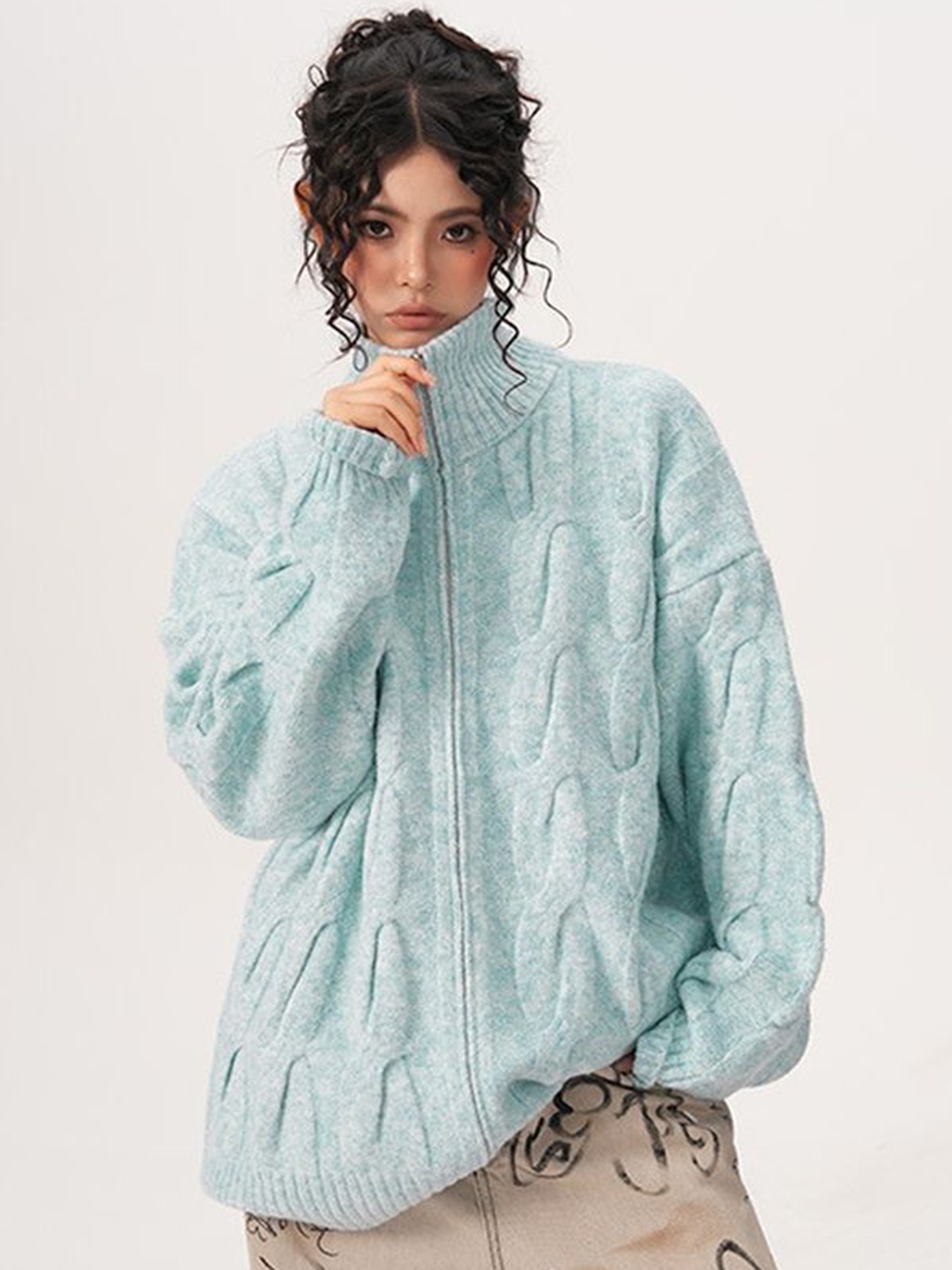 

LULU & SKY Women Mock Collar Self Design Cotton Casual Bomber Jacket, Turquoise blue