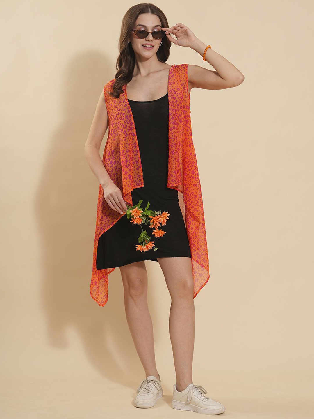 

DressBerry Orange And Purple Animal Printed Open Front Shrug With Dipped Hem