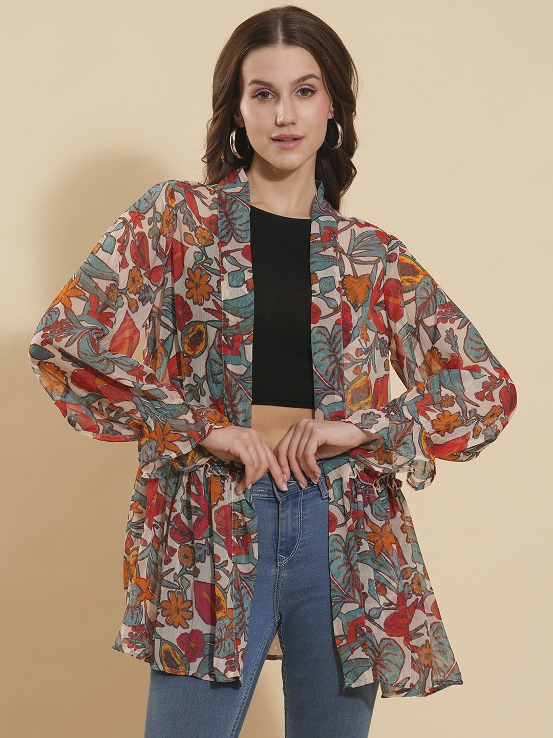 

DressBerry Orange Floral Printed Gathers Open Front Shrug