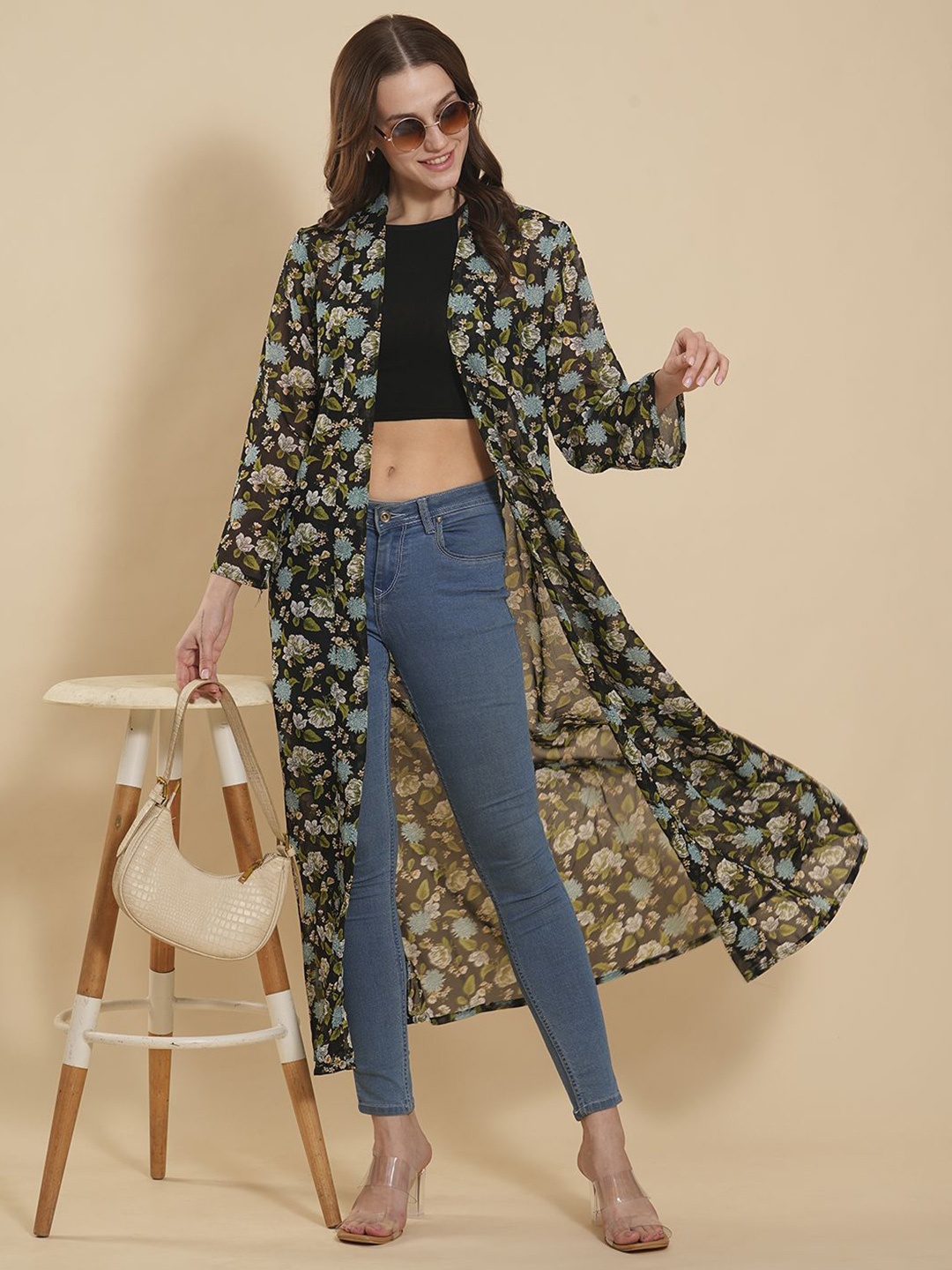 

DressBerry Black and Green Floral Printed Longline Open Front Shrug