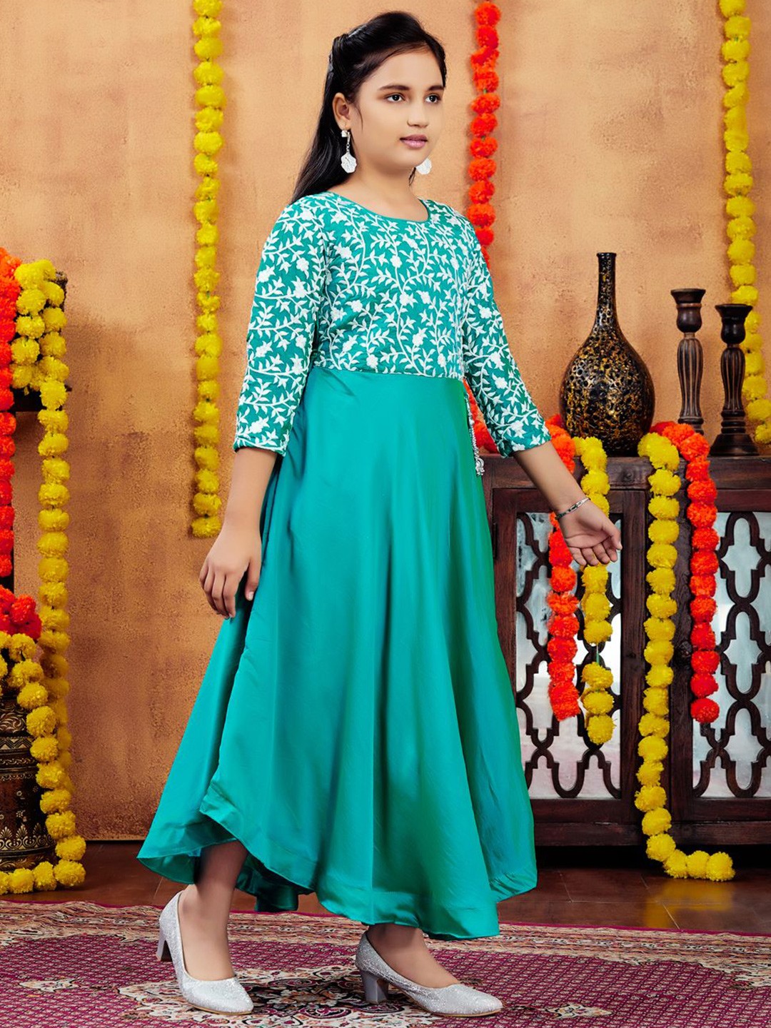 

BAESD Girls Floral Embroidered Woollen A-Line Dress With Belt, Turquoise blue