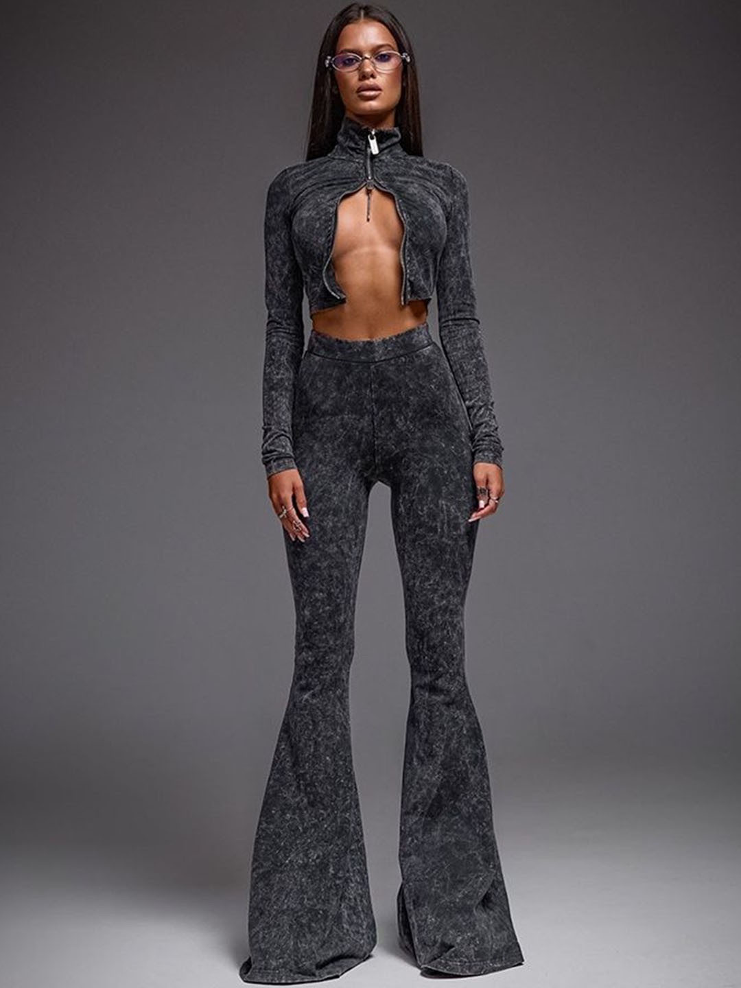 

LULU & SKY High Neck Long Sleeves Crop Top With Trousers, Grey