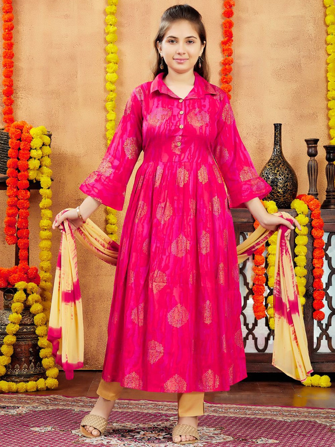 

BAESD Girls Floral Printed Shirt Collar Pleated Anarkali Cotton Kurta, Red