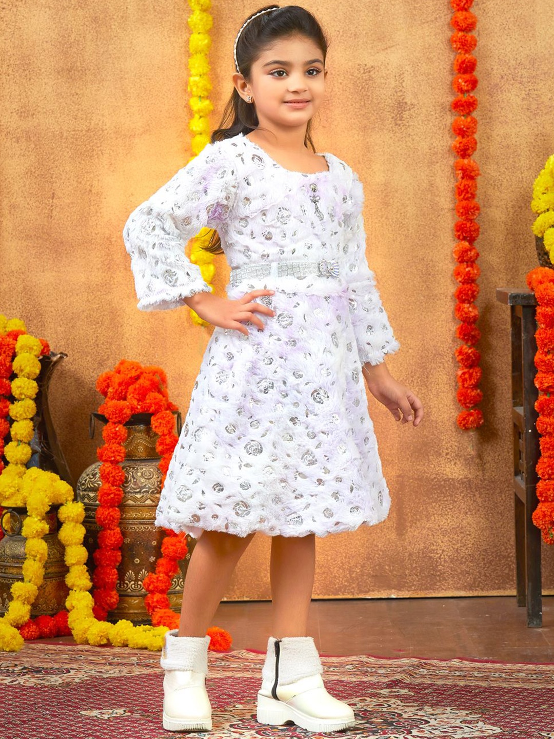 

BAESD Girls Floral Printed Woollen A-Line Dress With Belt, Purple