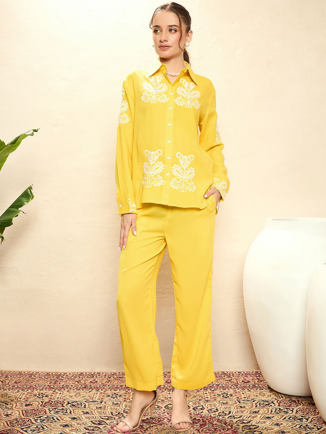 

MOSTUNIQUE BY KASSUALLY Floral Embroidered Shirt With Trousers, Yellow