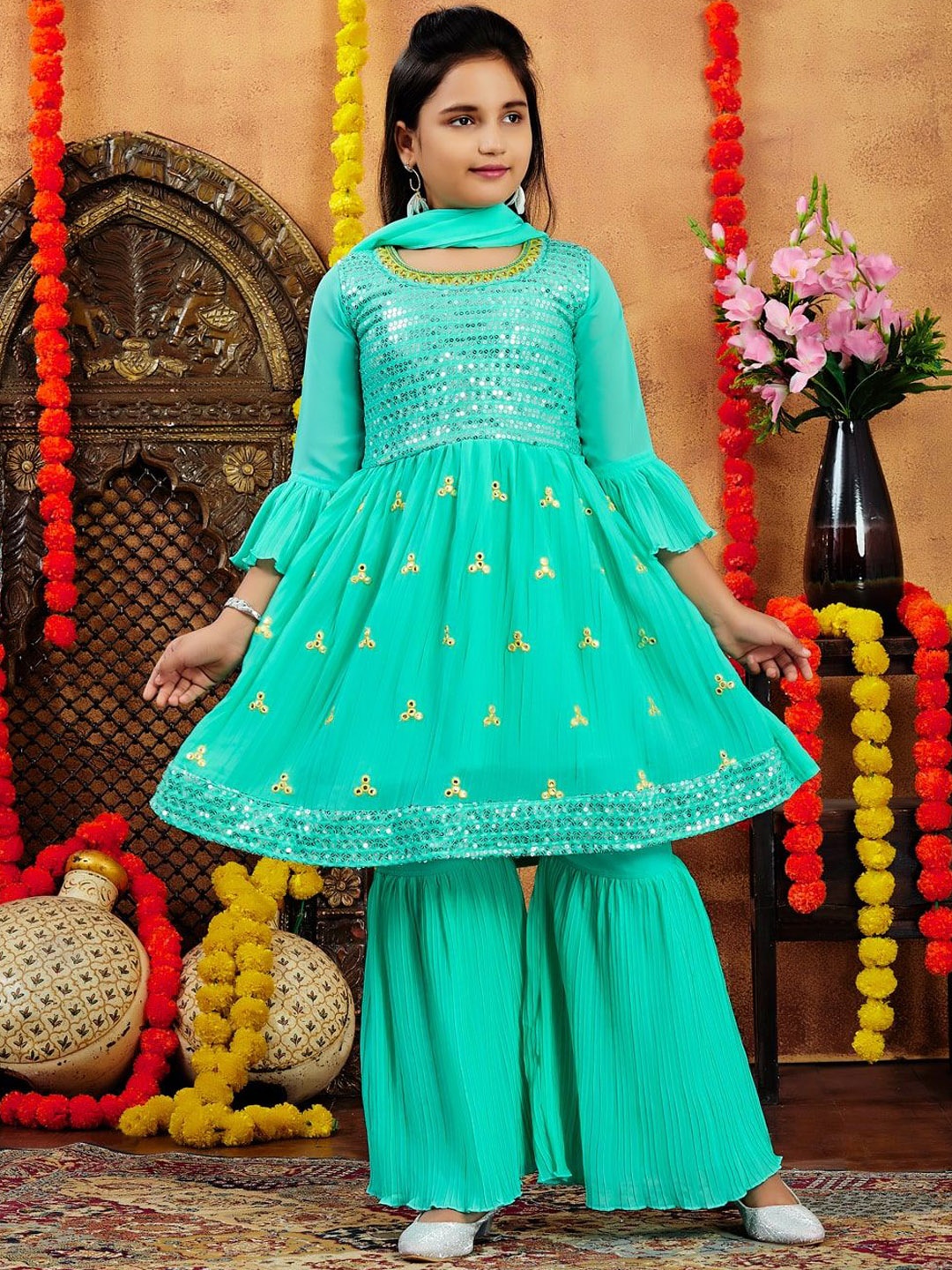 

BAESD Girls Ethnic Motifs Embroidered Georgette Anarkali Kurta With Sharara And Dupatta, Sea green
