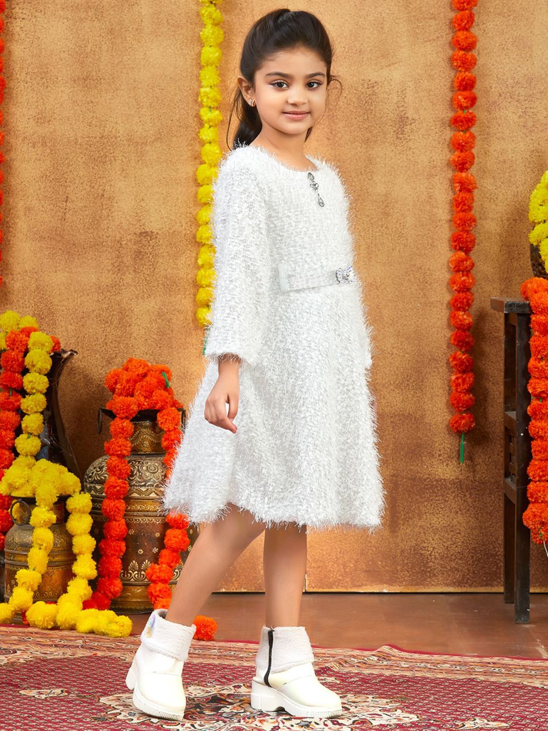 

BAESD Girls Self Design A-Line Dress With Belt, White