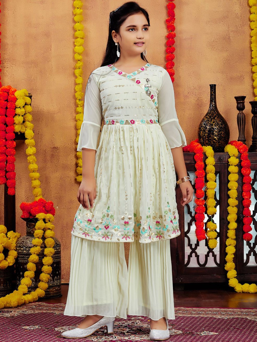 

BAESD Girls Floral Embroidered Sequnnied V-Neck Georgette Anarkali Kurta And Sharara, Cream