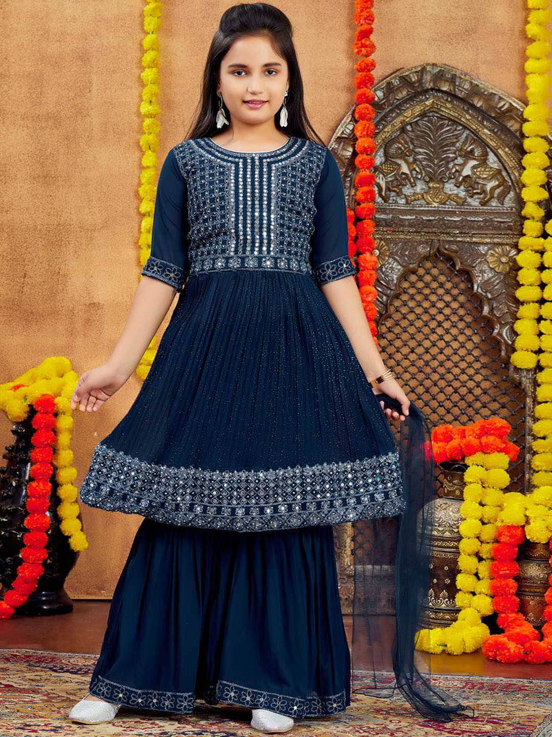 

BAESD Girls Floral Embroidered Mirror Work Anarkali Kurta With Sharara And Dupatta, Turquoise blue