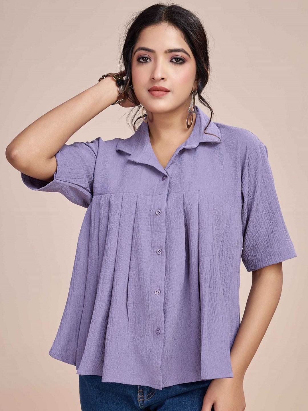 

Fashion Ritmo Women Pleated Relax Fit Shirt Style Top, Lavender