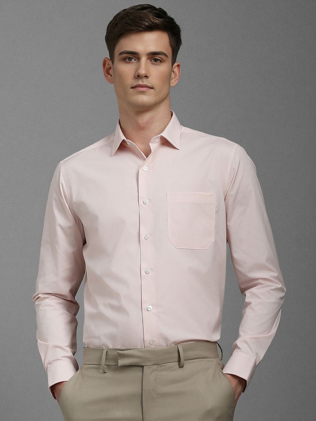 

Louis Philippe Men Slim Fit Spread Collar Solid Cotton Formal Shirt, Pink